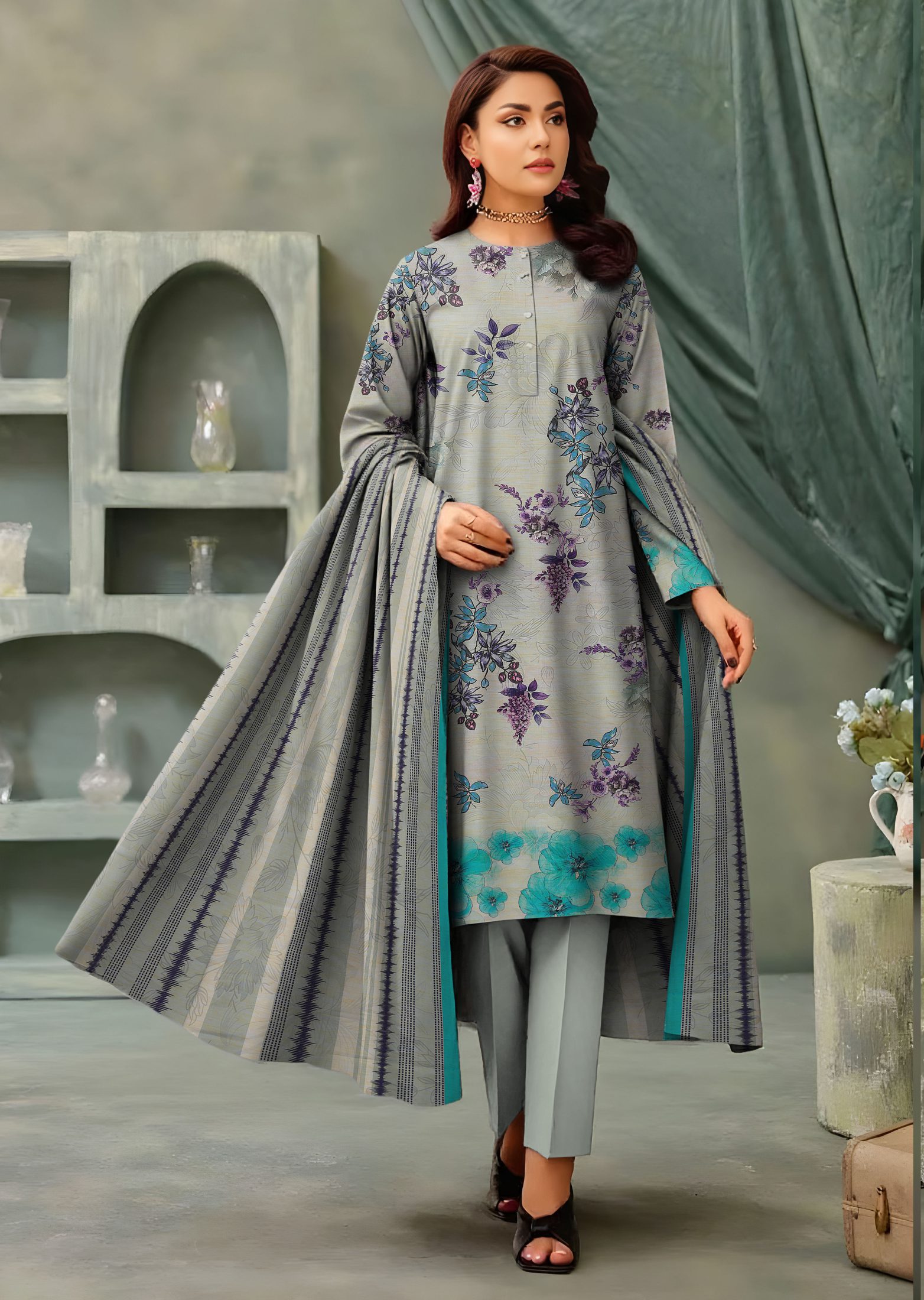 3-Piece Unstitched Exclusive Digital Print Staple Zari Slub (D-5)
