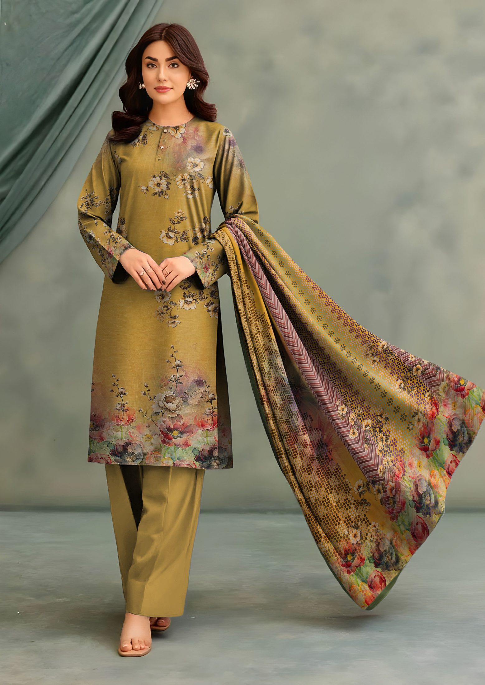 3-Piece Unstitched Exclusive Digital Print Staple Zari Slub (D-7)