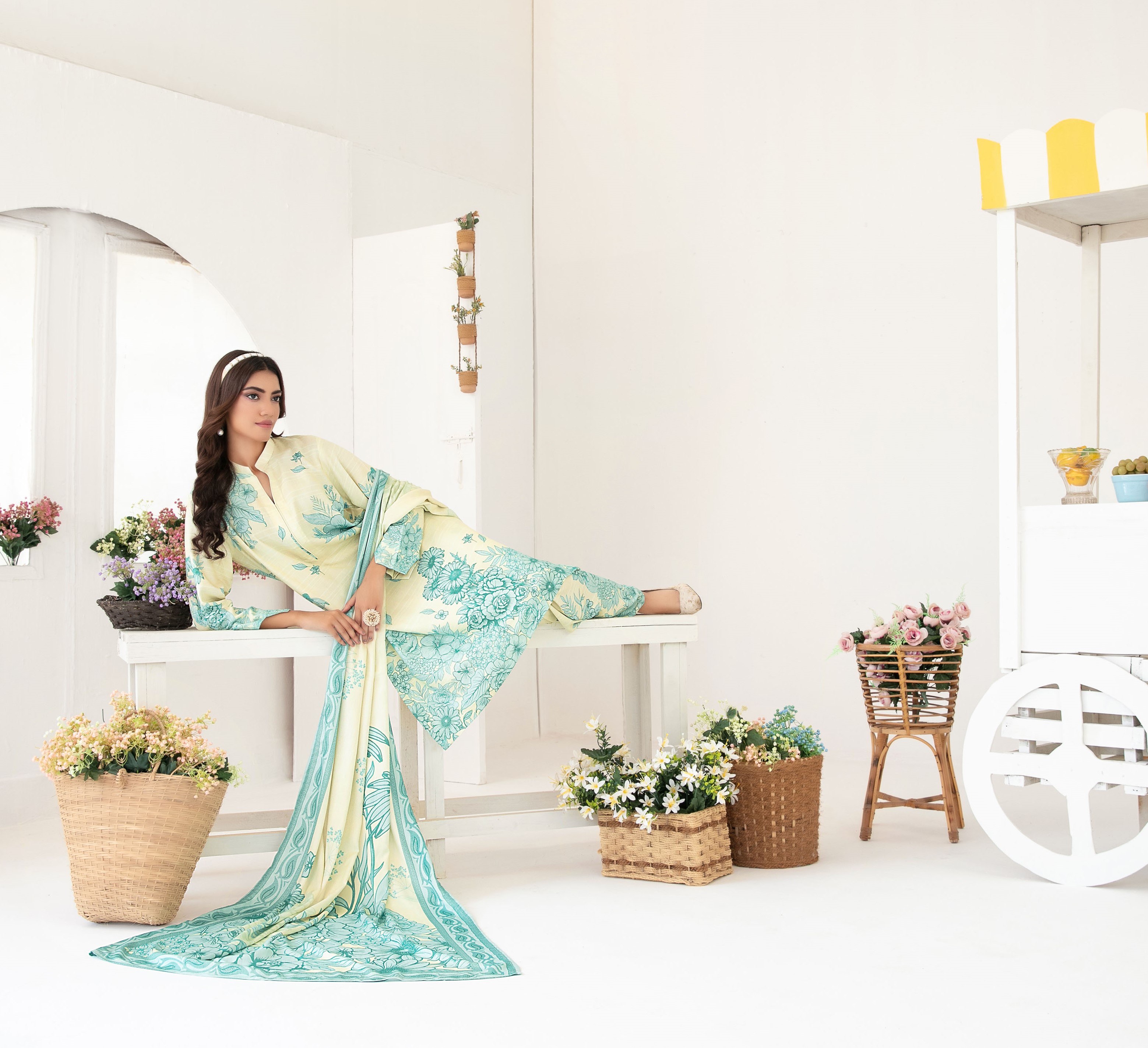 3-Piece Unstitched Fancy Leather Peach Digital Print with Shawl Dupatta (D-4)