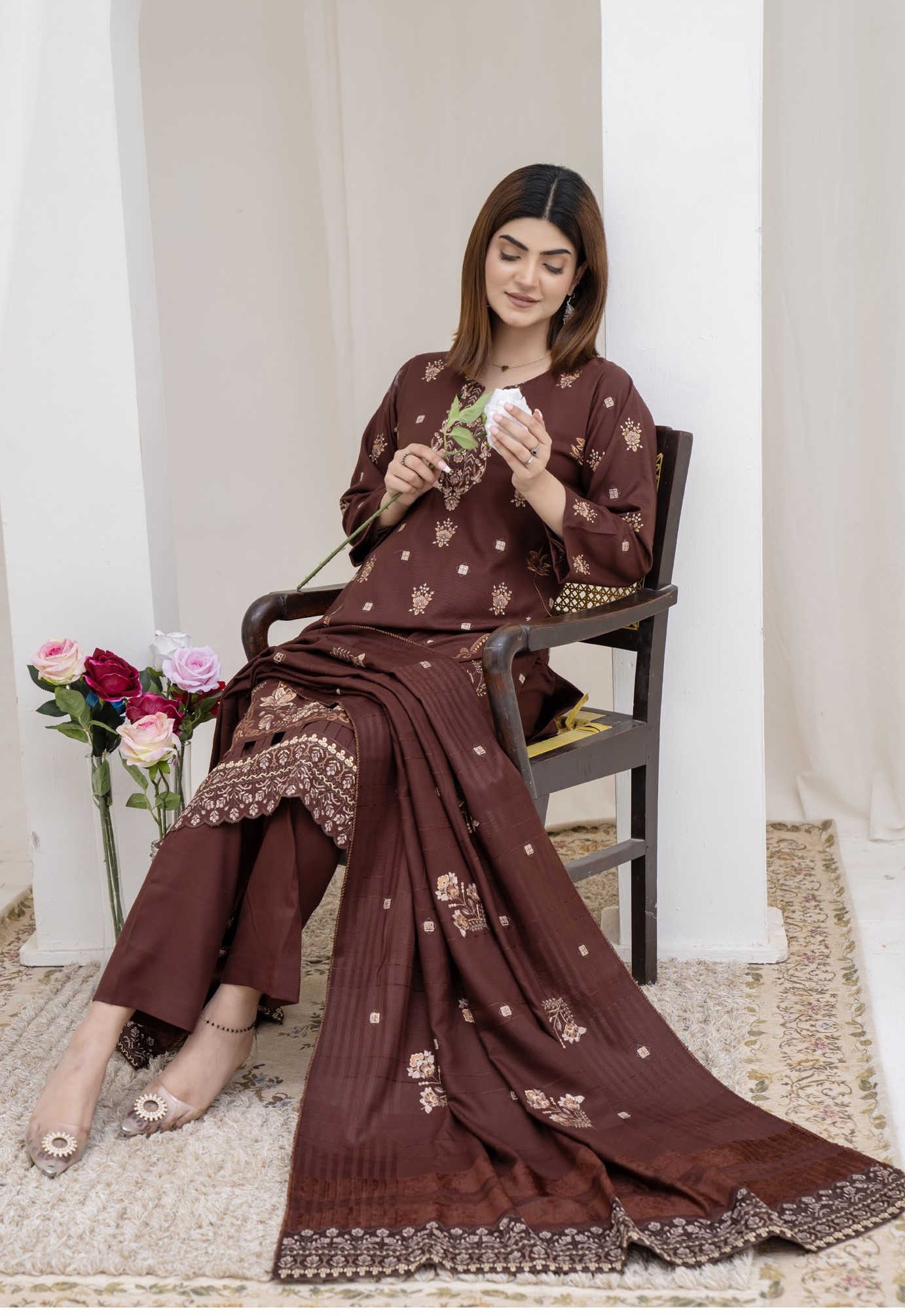 3-Piece Unstitched Bana Dora Dhanak Embroidered Shirt with Embroidered Shawl Dupatta (D-8)