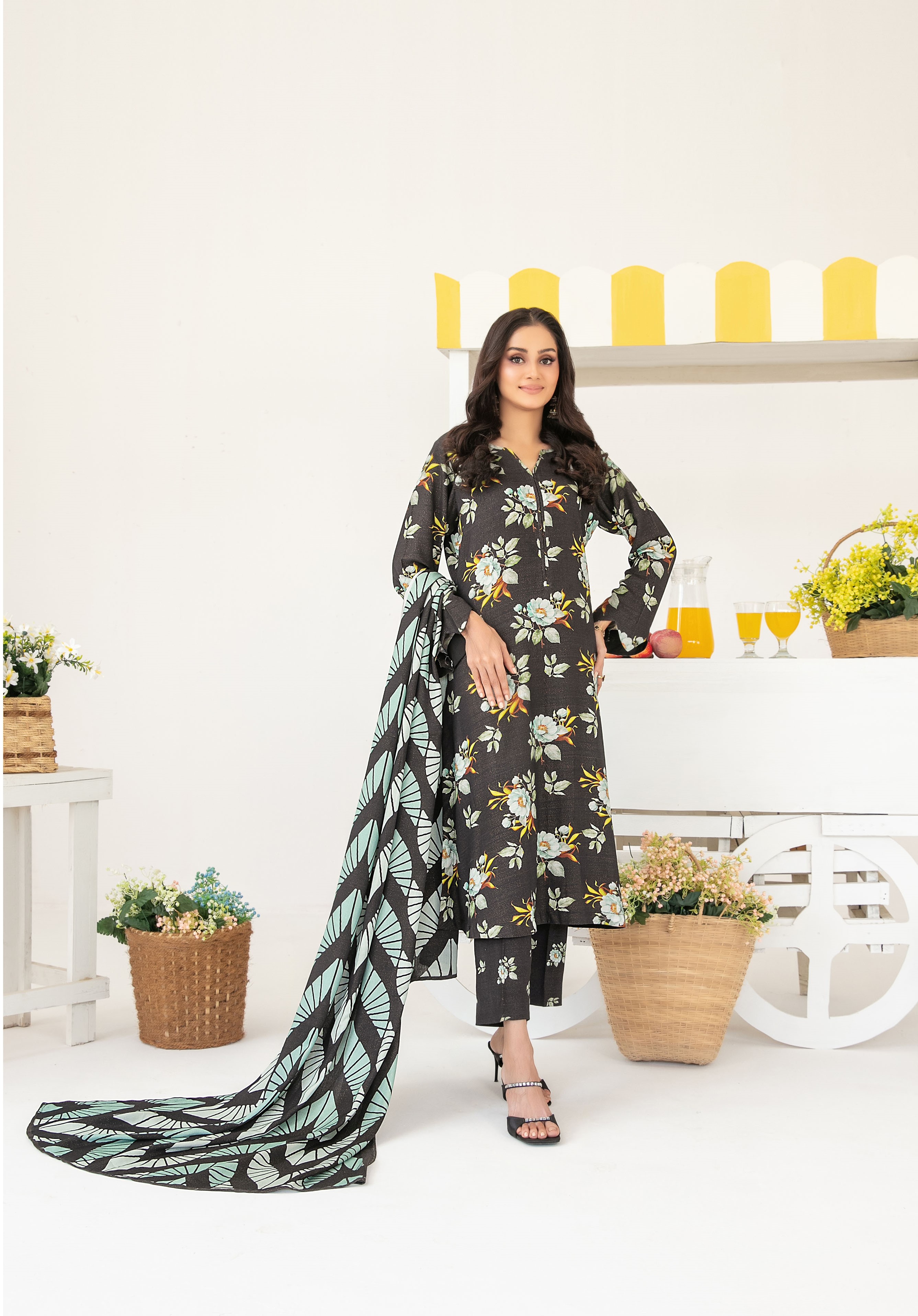 3-Piece Unstitched Fancy Leather Peach Digital Print with Shawl Dupatta (D-1)