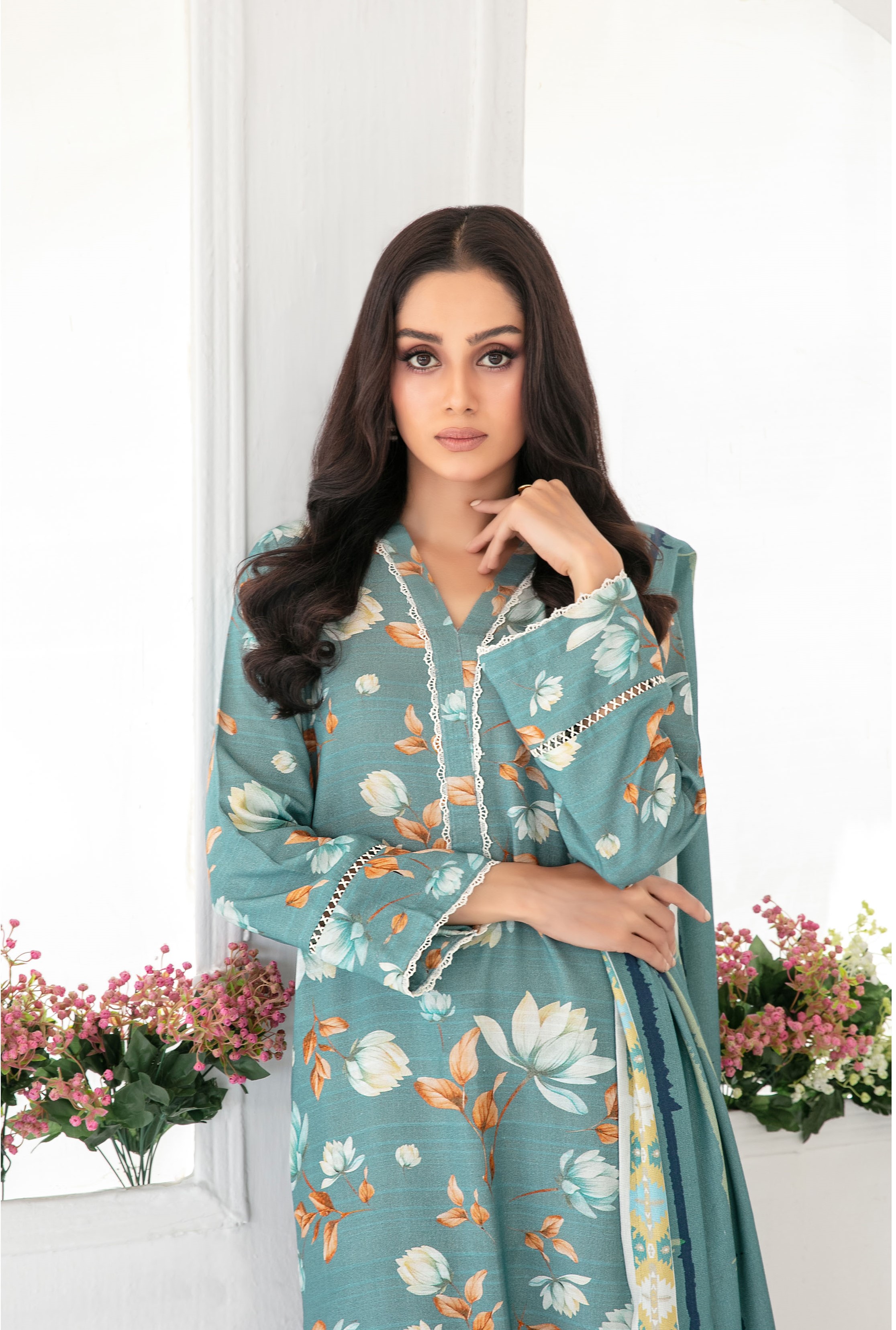 3-Piece Unstitched Fancy Leather Peach Digital Print with Shawl Dupatta (D-3)