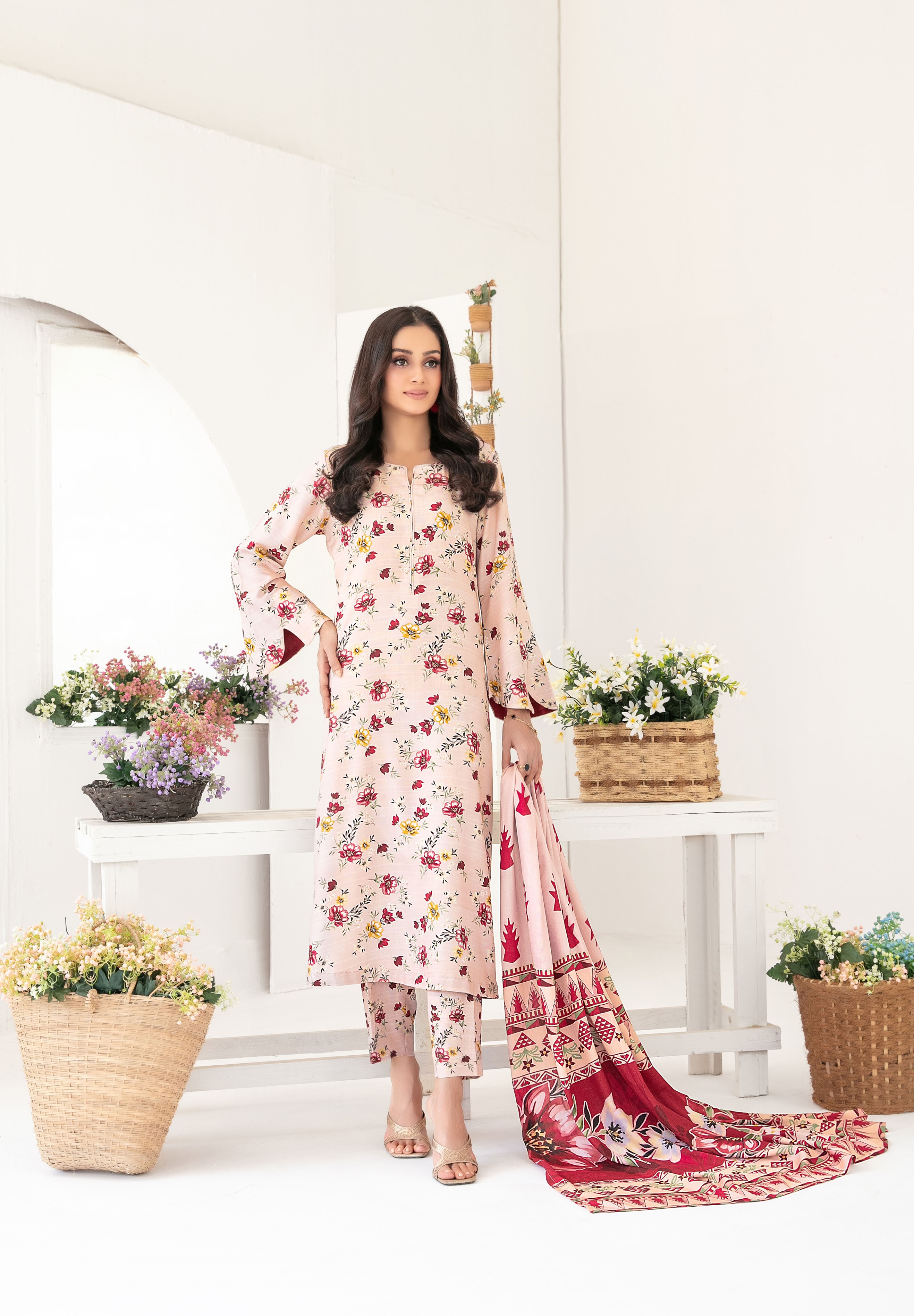 3-Piece Unstitched Fancy Leather Peach Digital Print with Shawl Dupatta (D-8)