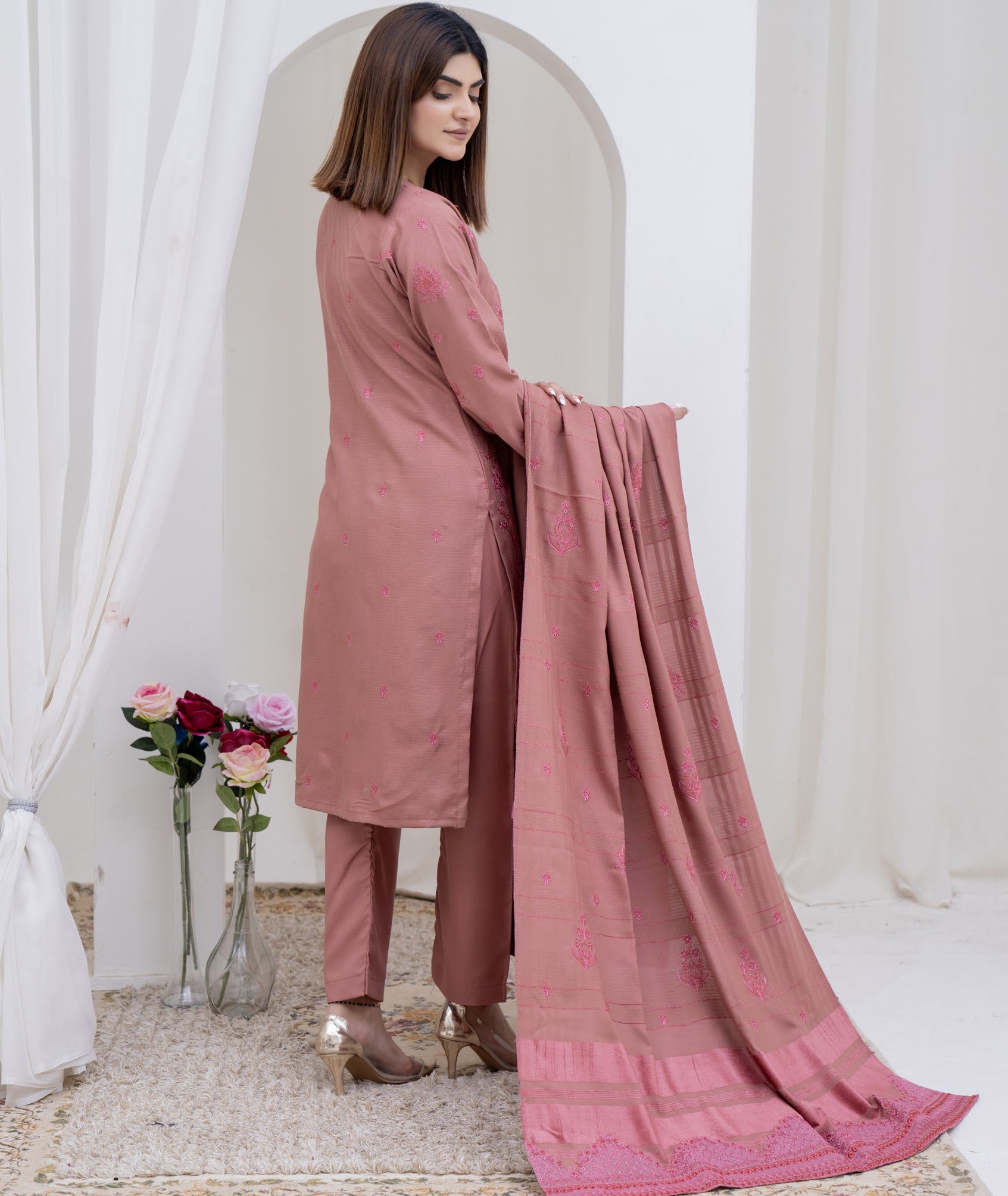 3-Piece Unstitched Bana Dora Dhanak Embroidered Shirt with Embroidered Shawl Dupatta (D-6)