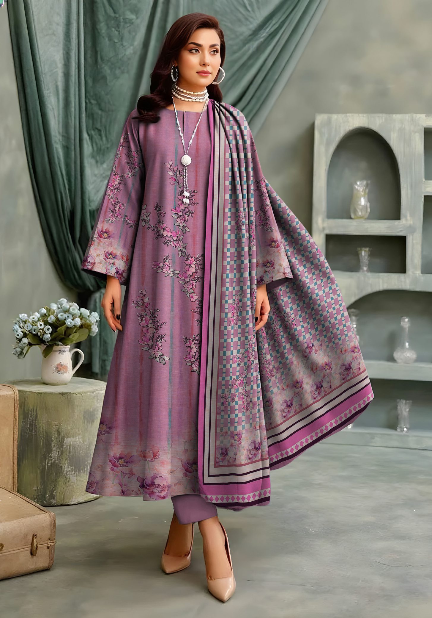 3-Piece Unstitched Exclusive Digital Print Staple Zari Slub (D-8)
