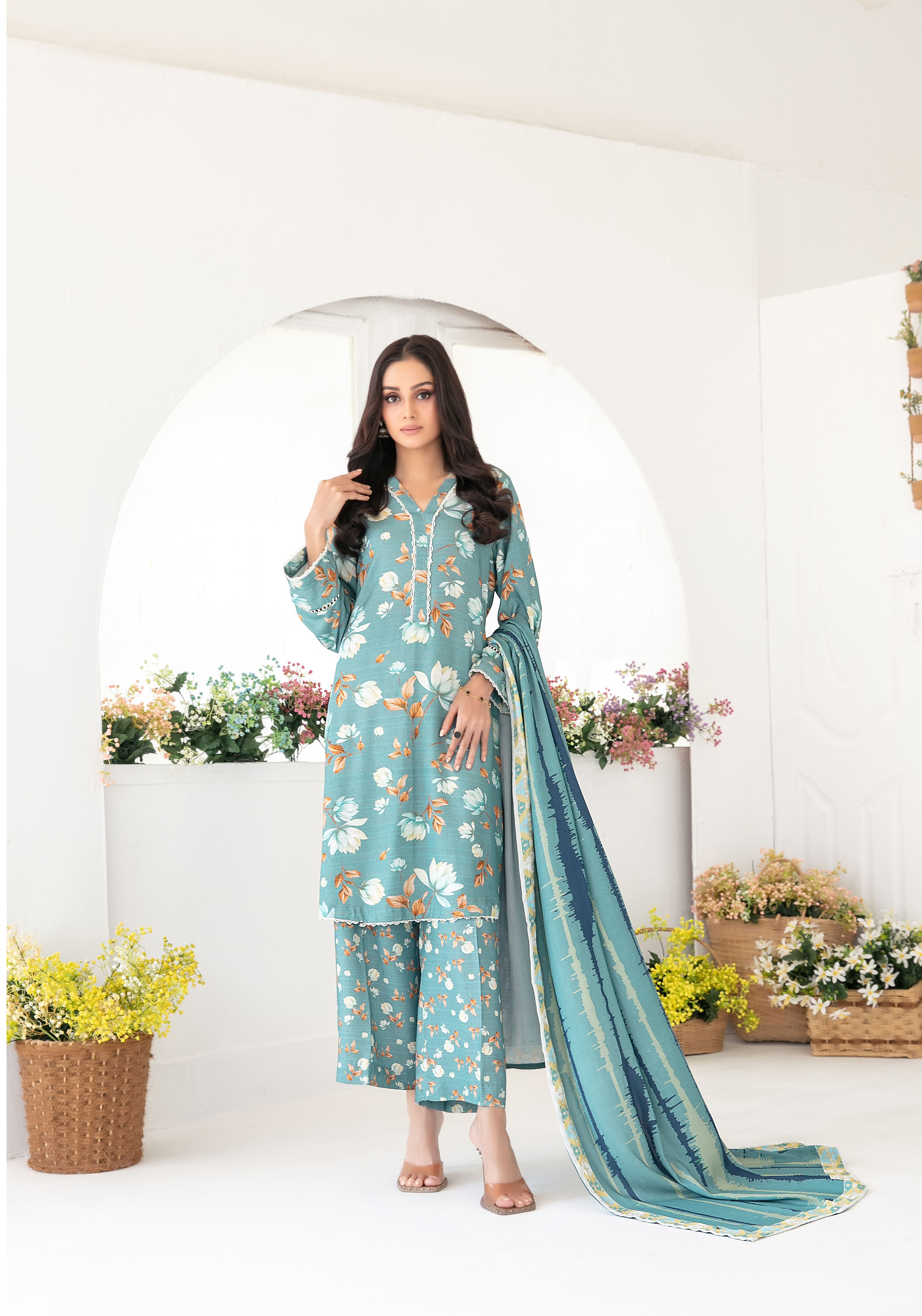 3-Piece Unstitched Fancy Leather Peach Digital Print with Shawl Dupatta (D-3)