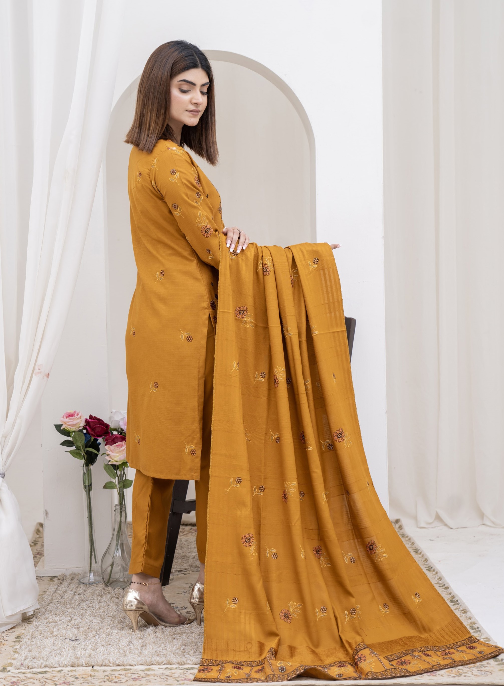 3-Piece Unstitched Bana Dora Dhanak Embroidered Shirt with Embroidered Shawl Dupatta (D-5)