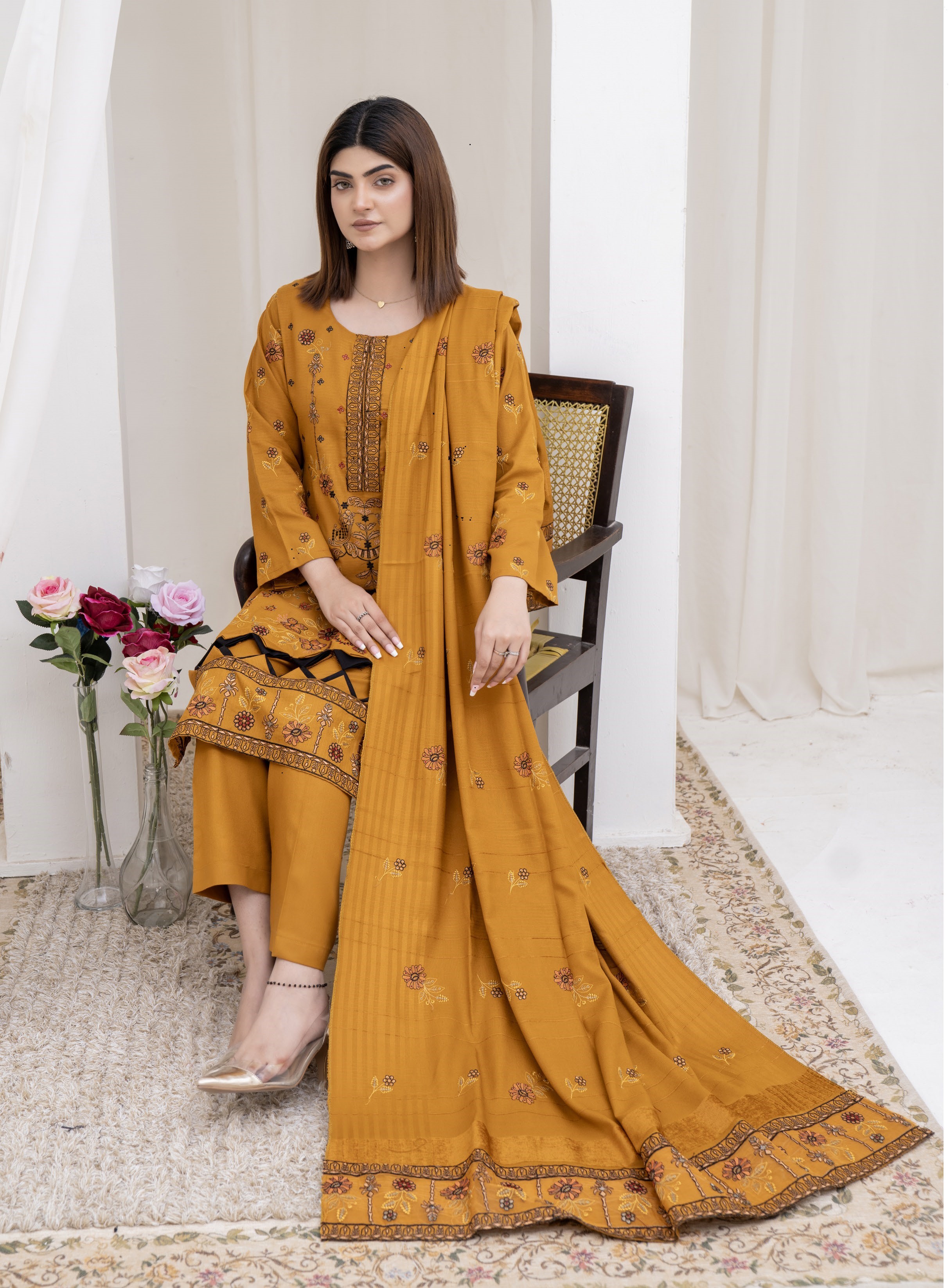3-Piece Unstitched Bana Dora Dhanak Embroidered Shirt with Embroidered Shawl Dupatta (D-5)