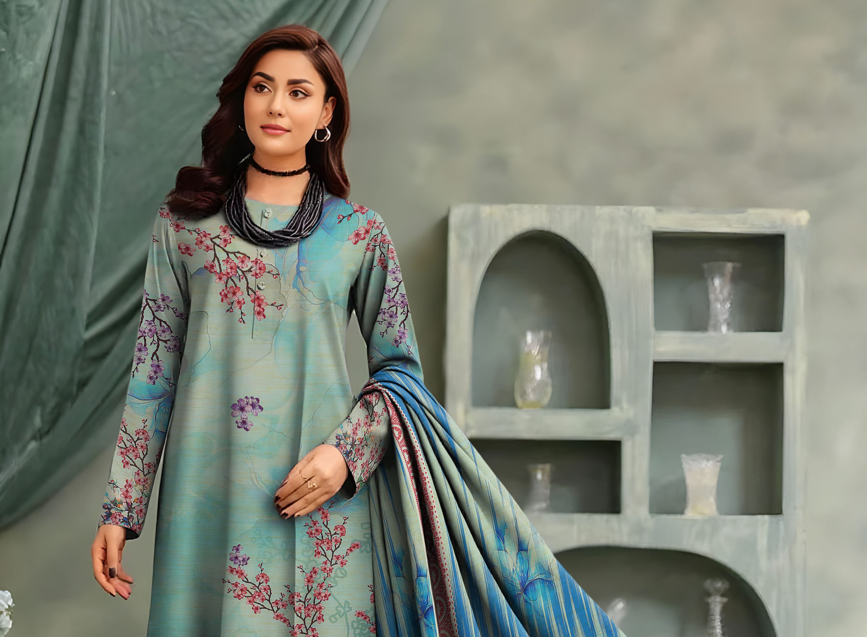 3-Piece Unstitched Exclusive Digital Print Staple Zari Slub (D-4)