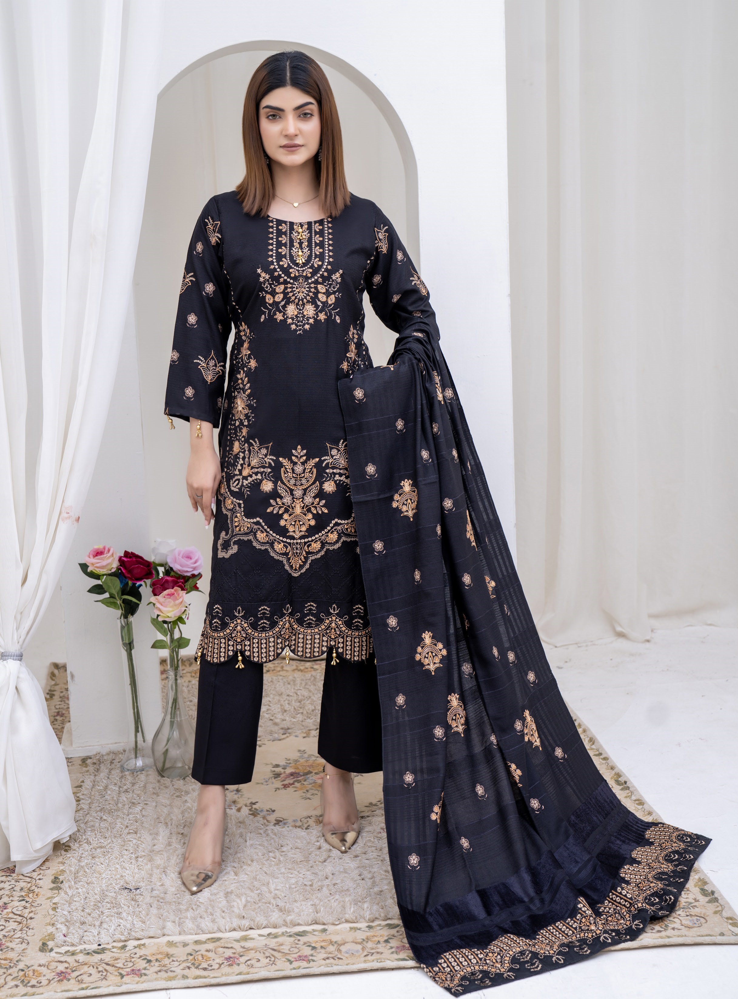 3-Piece Unstitched Bana Dora Dhanak Embroidered Shirt with Embroidered Shawl Dupatta (D-7)