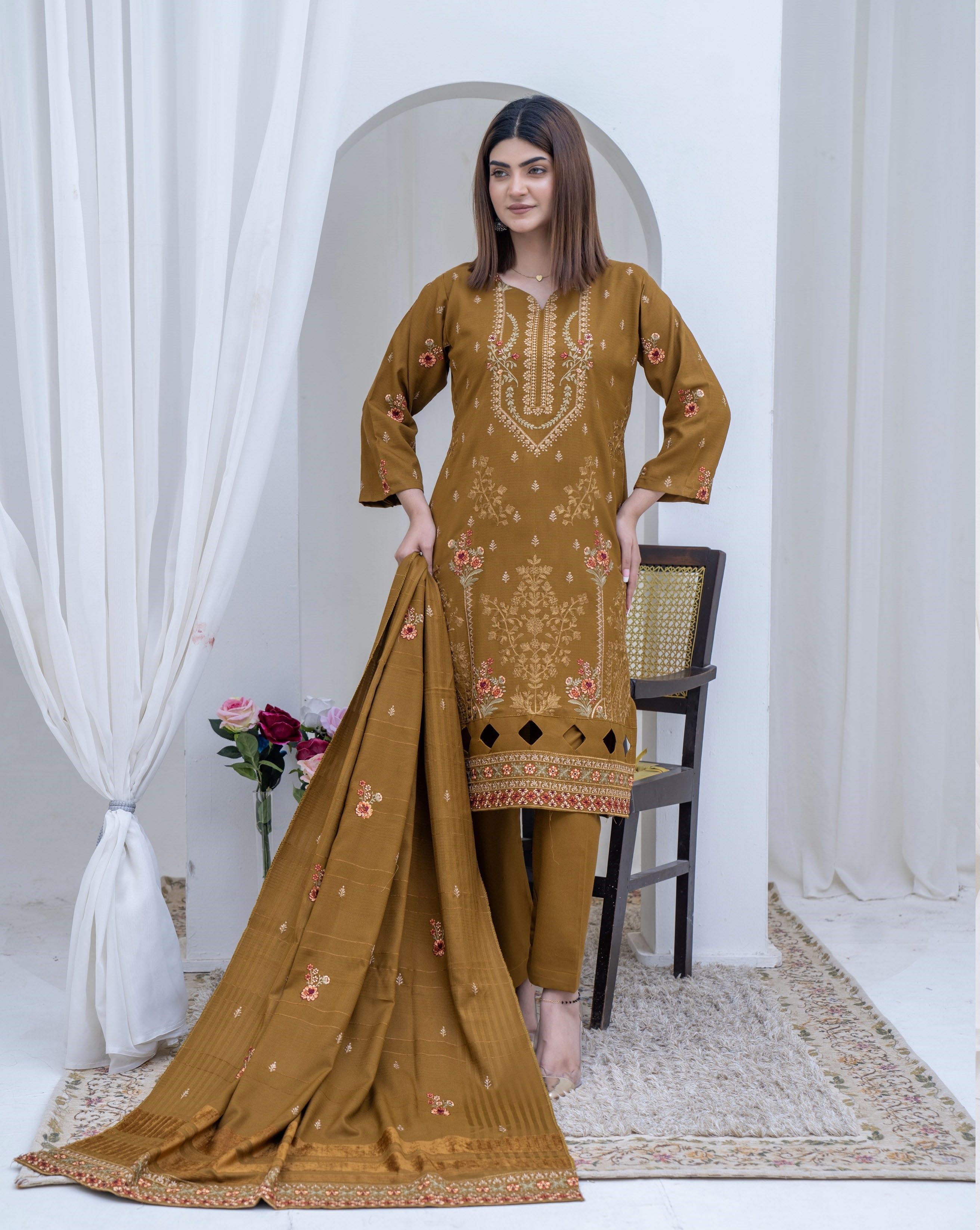 3-Piece Unstitched Bana Dora Dhanak Embroidered Shirt with Embroidered Shawl Dupatta (D-2)