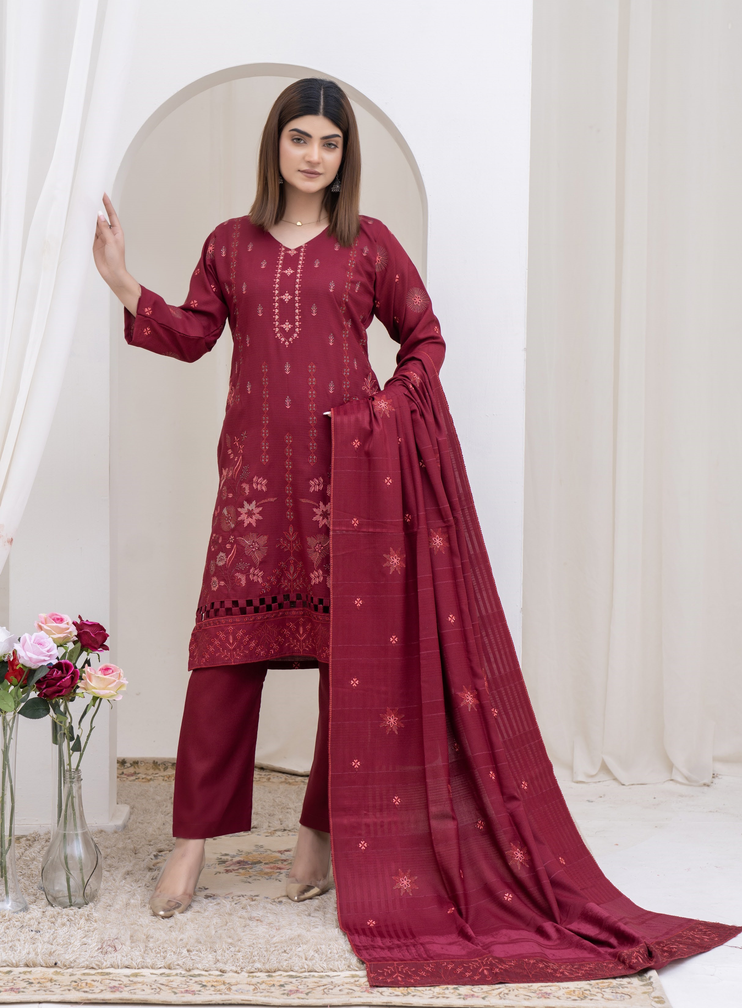3-Piece Unstitched Bana Dora Dhanak Embroidered Shirt with Embroidered Shawl Dupatta (D-3)