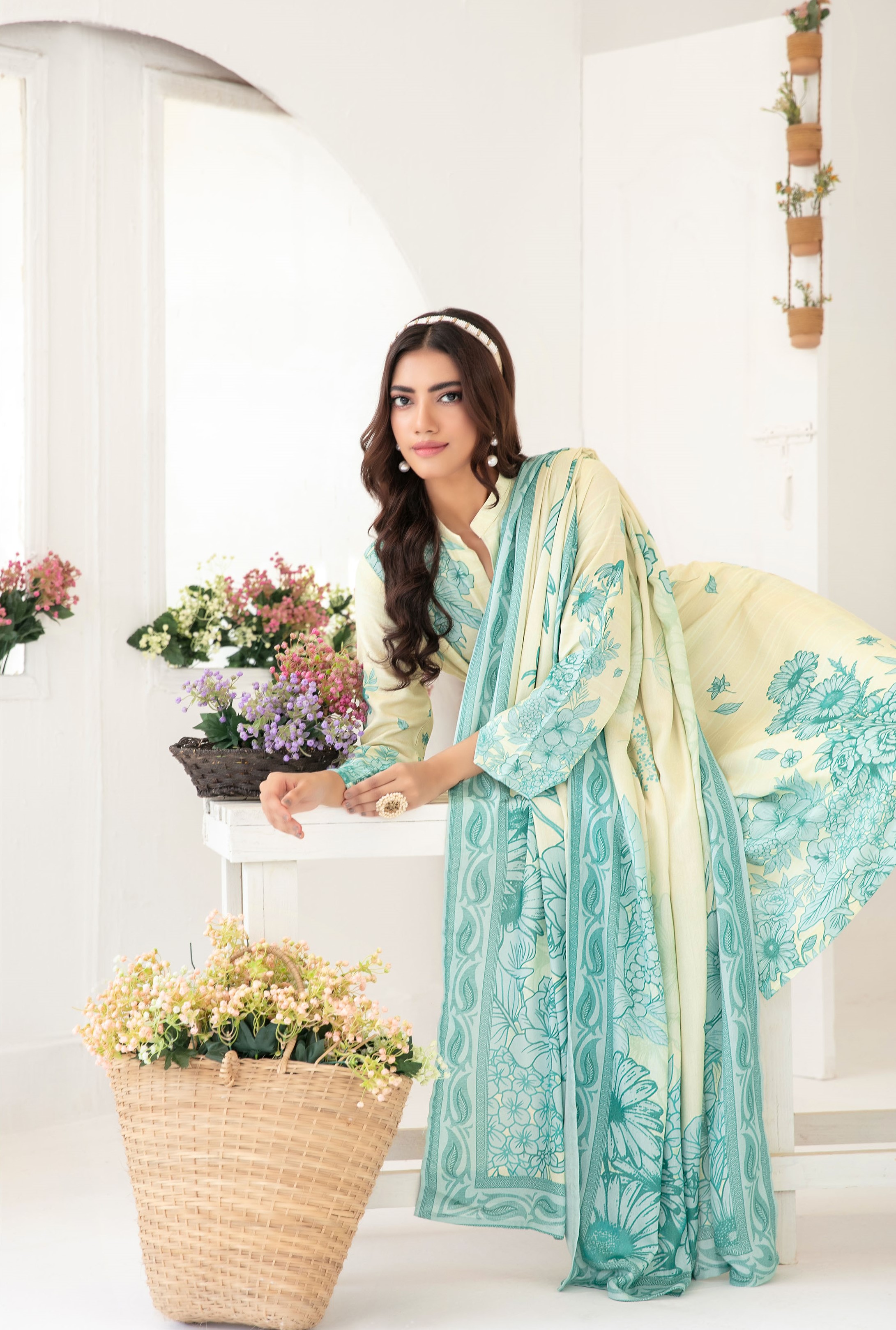 3-Piece Unstitched Fancy Leather Peach Digital Print with Shawl Dupatta (D-4)