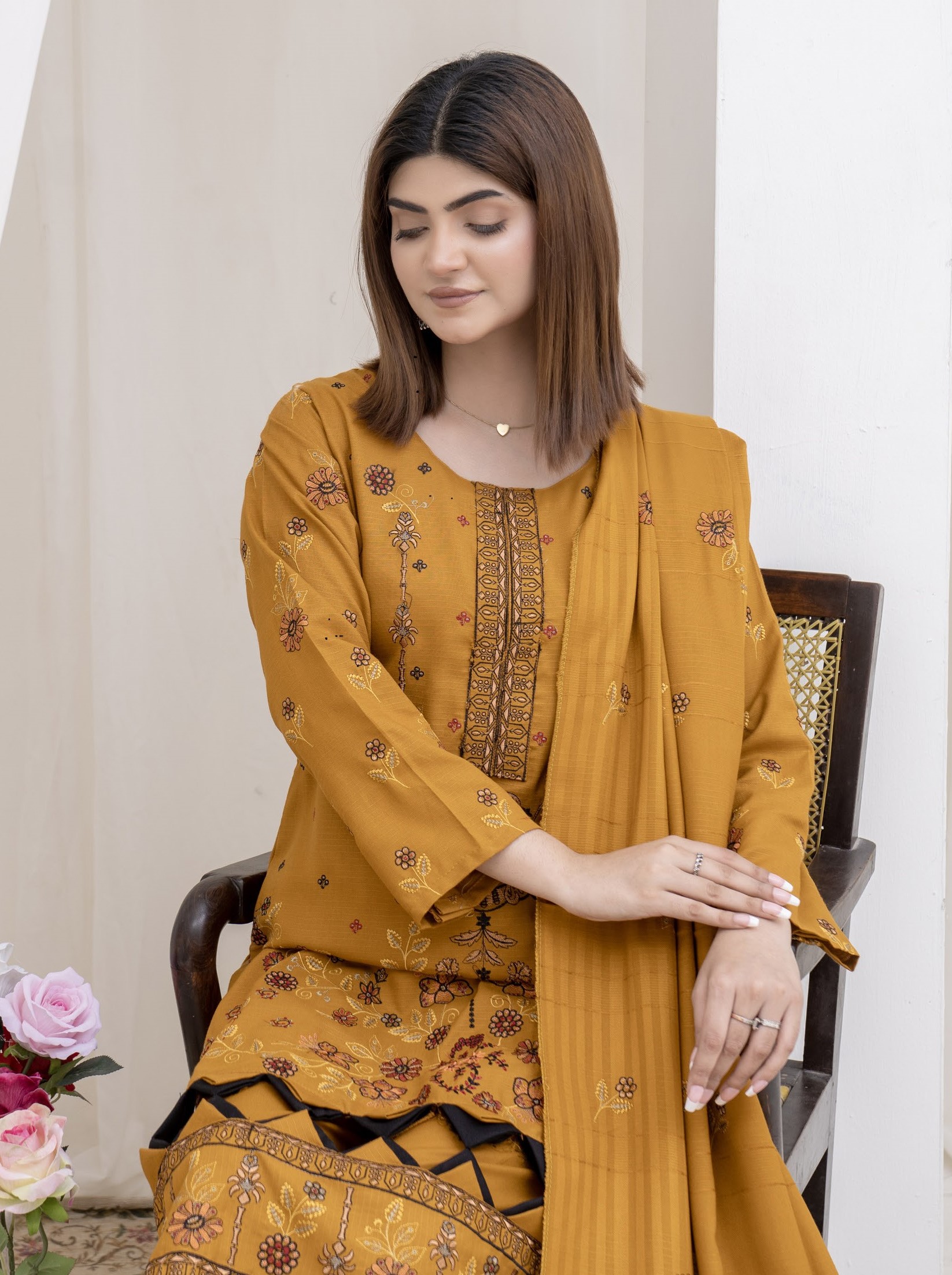 3-Piece Unstitched Bana Dora Dhanak Embroidered Shirt with Embroidered Shawl Dupatta (D-5)