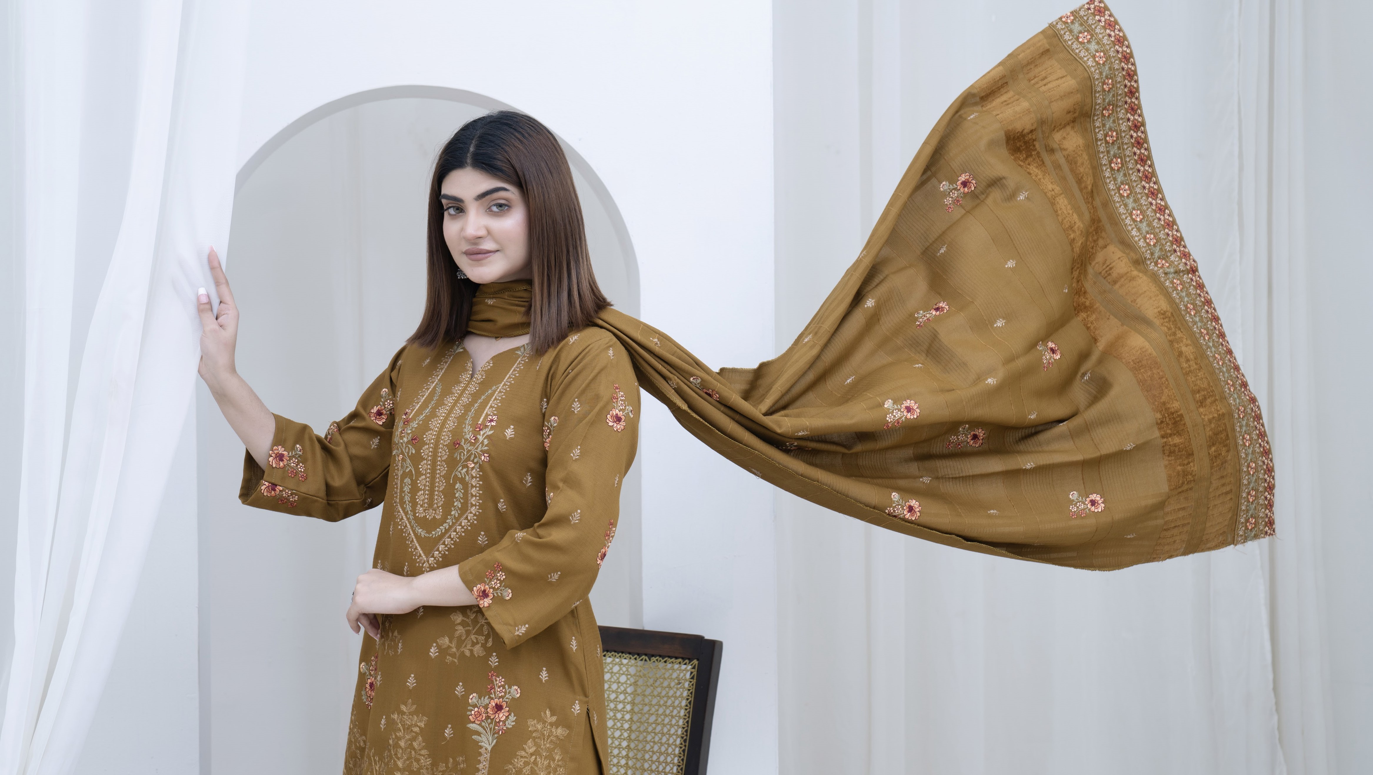 3-Piece Unstitched Bana Dora Dhanak Embroidered Shirt with Embroidered Shawl Dupatta (D-2)