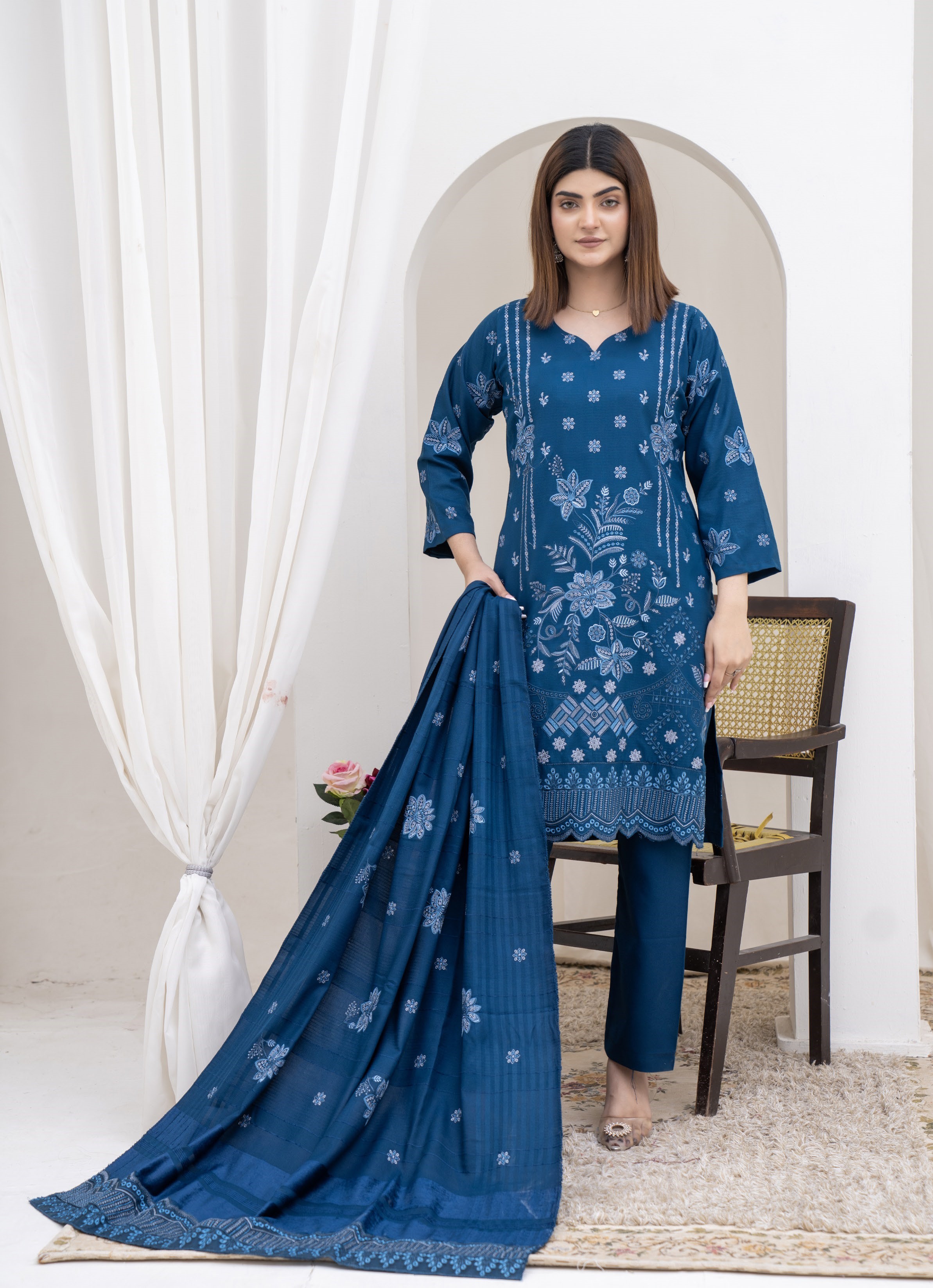 3-Piece Unstitched Bana Dora Dhanak Embroidered Shirt with Embroidered Shawl Dupatta (D-1)