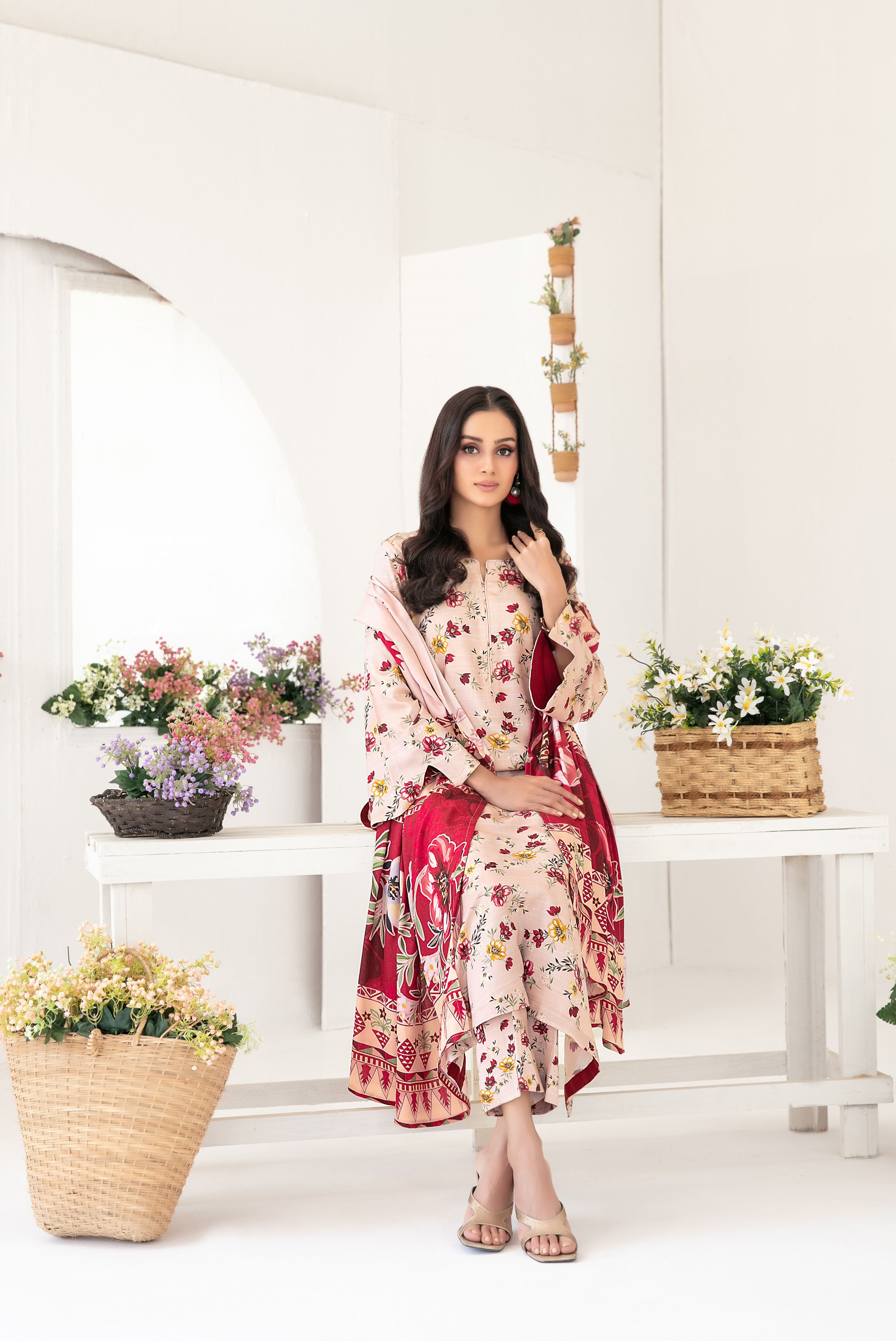 3-Piece Unstitched Fancy Leather Peach Digital Print with Shawl Dupatta (D-8)