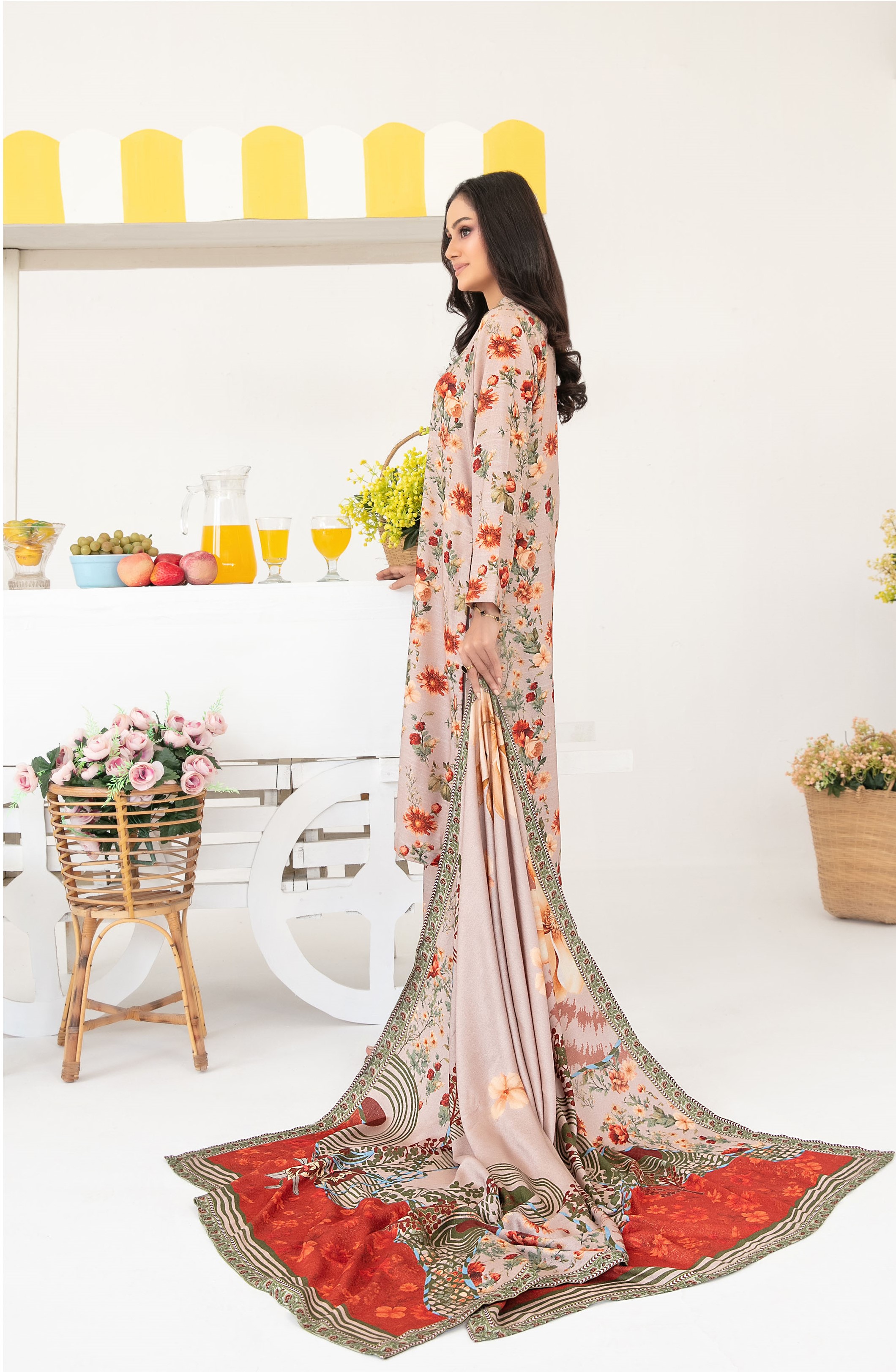 3-Piece Unstitched Fancy Leather Peach Digital Print with Shawl Dupatta (D-2)