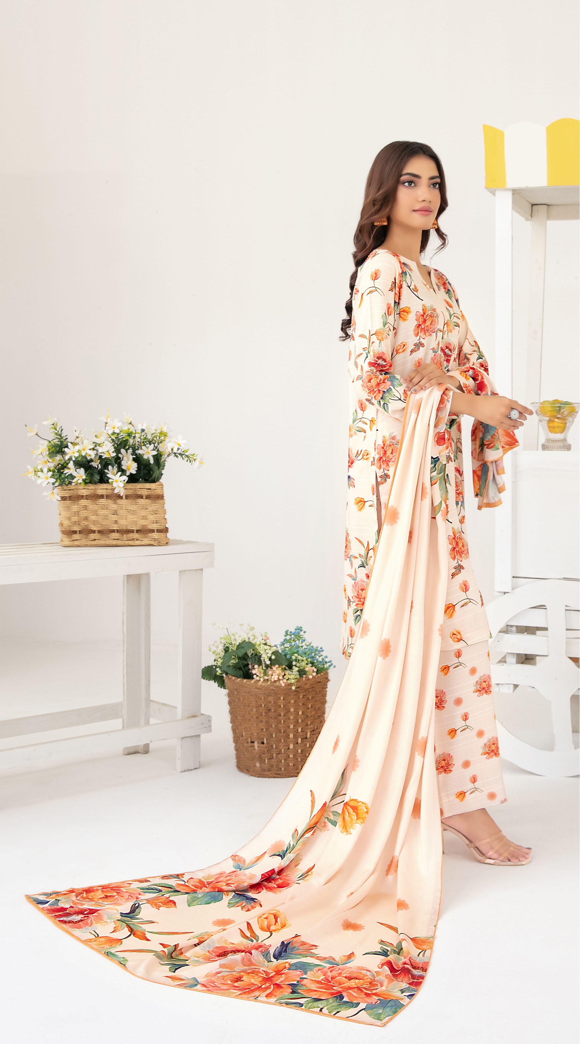 3-Piece Unstitched Fancy Leather Peach Digital Print with Shawl Dupatta (D-6)