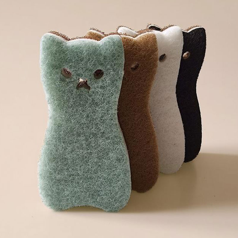 Sponge Dish Scrubber  Cute Cat Shape Sponge 3 Layer Sponge Strong Water Absorption Dishwashing Sponge Kitchen Cleaning Tool