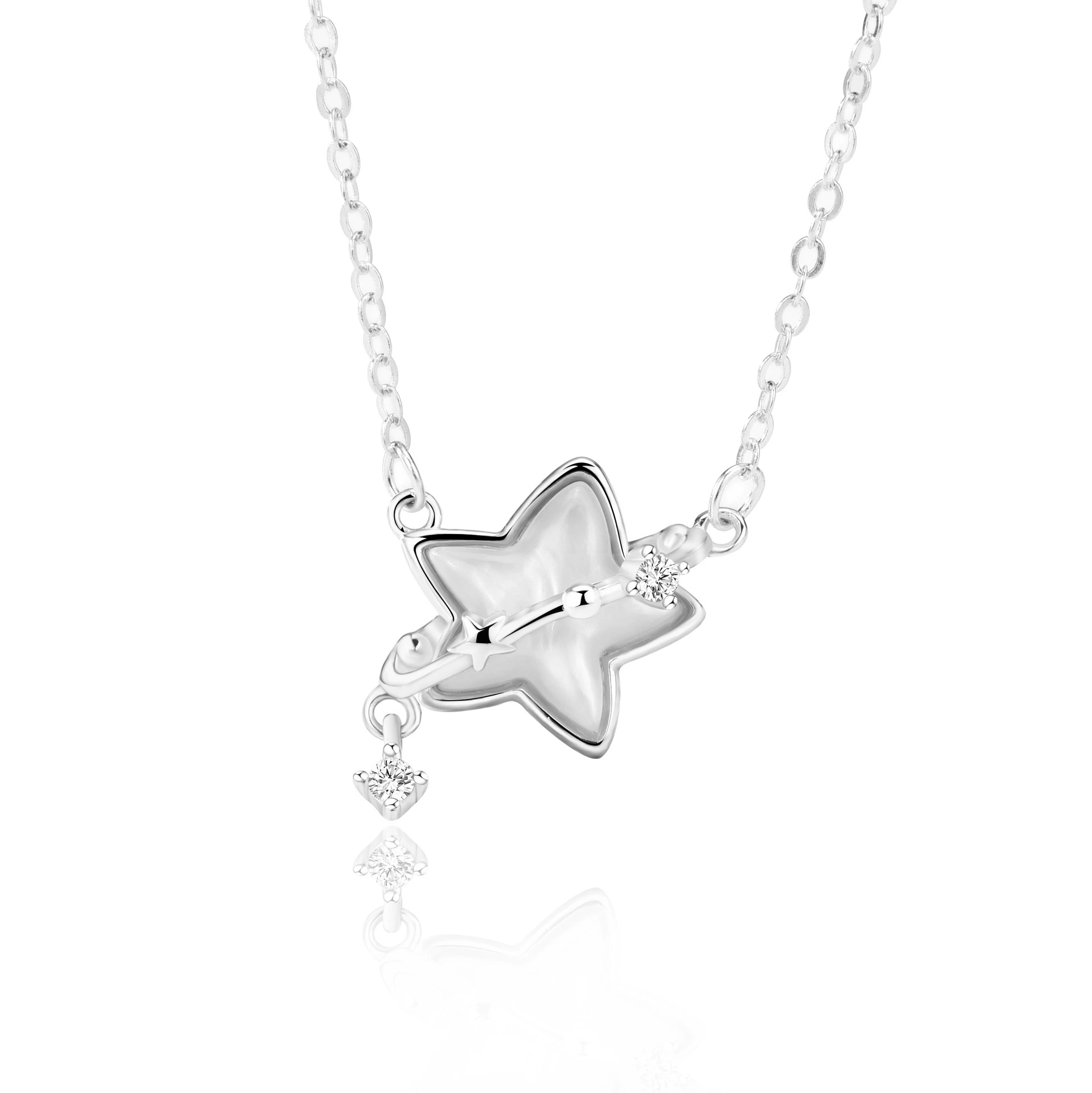 Stellar Whispers – 925 Sterling Silver Mother-of-Pearl Star & Meteor Pendant Necklace 