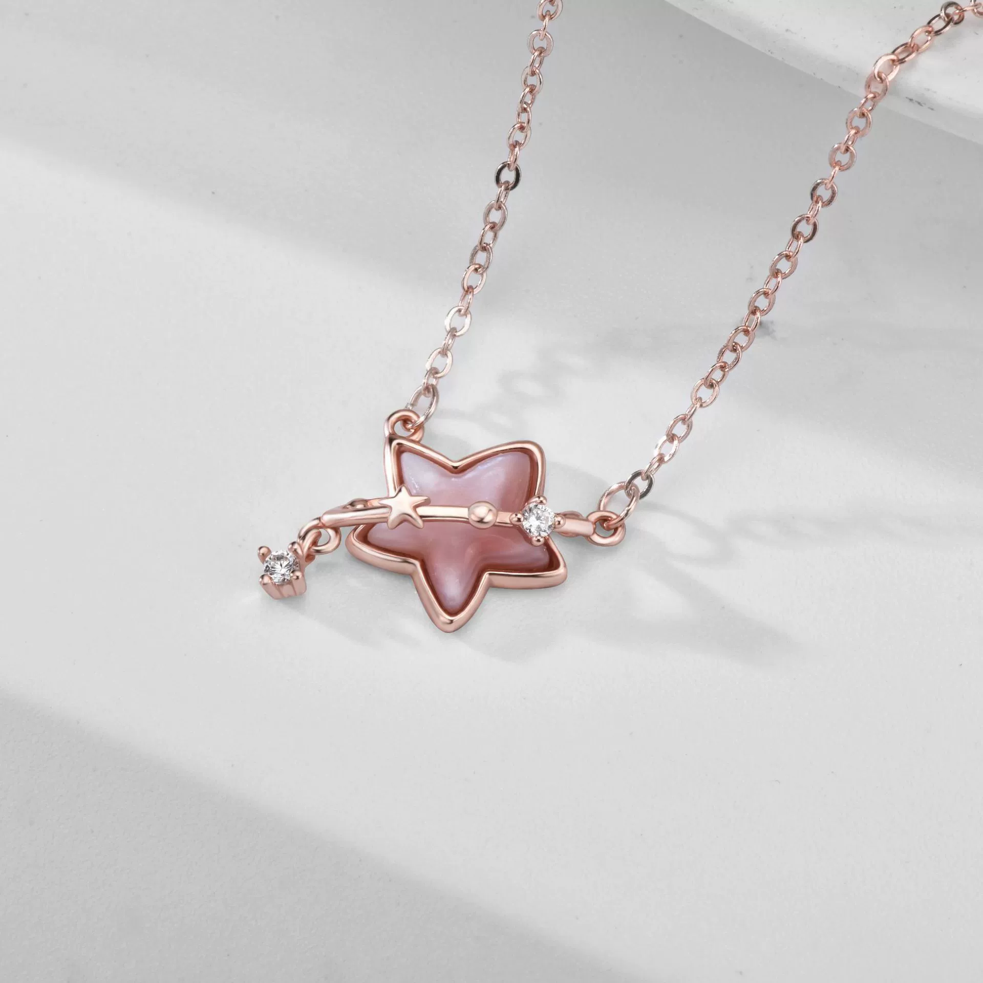 Stellar Whispers – 925 Sterling Silver Mother-of-Pearl Star & Meteor Pendant Necklace 
