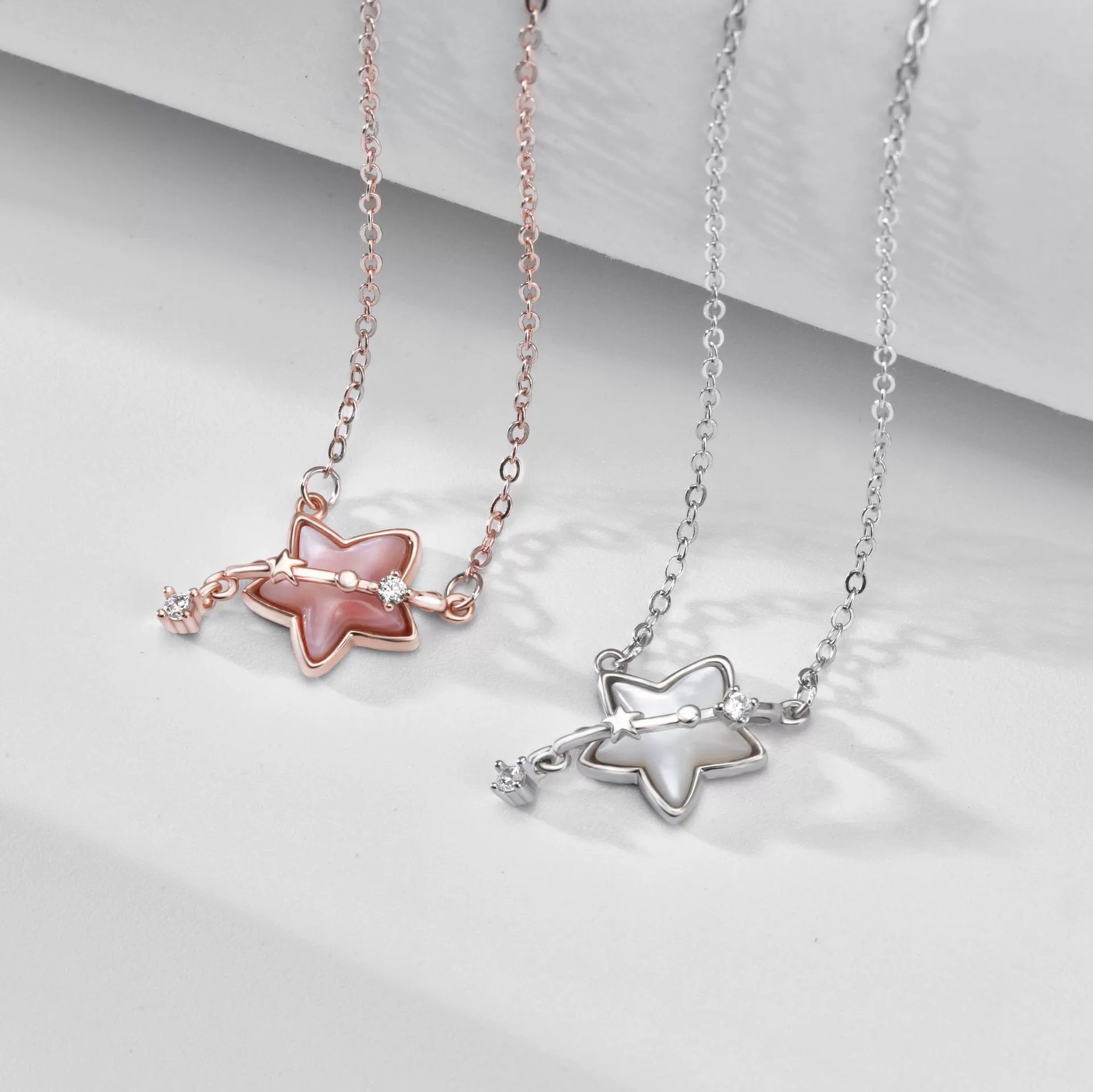 Stellar Whispers – 925 Sterling Silver Mother-of-Pearl Star & Meteor Pendant Necklace