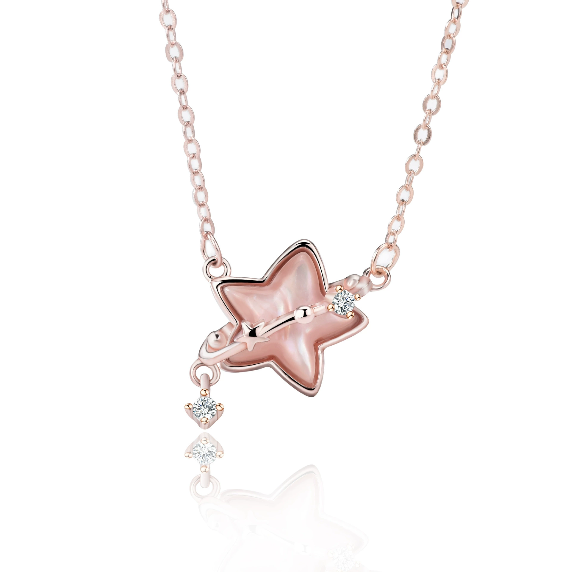 Stellar Whispers – 925 Sterling Silver Mother-of-Pearl Star & Meteor Pendant Necklace 