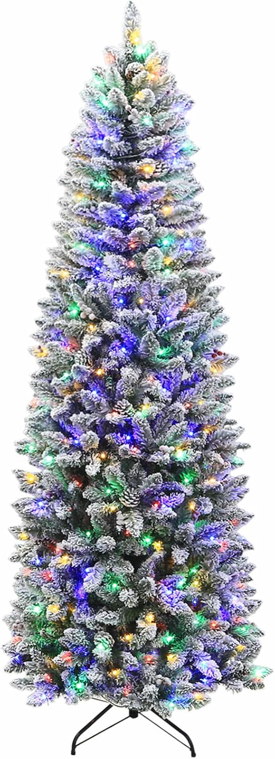 Hykolity 7.5 ft Prelit Snow Flocked Pencil Slim Christmas Tree with 300 Color Changing LED Lights, 792 Branch Tips, Metal Stand and Hinged Branches, 10...