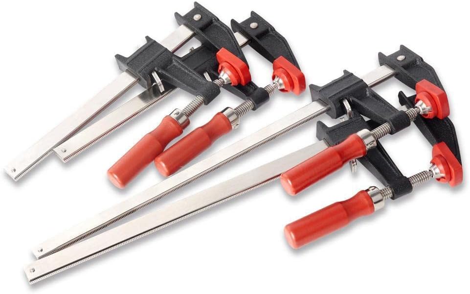 Bessey BESSEY GSCC4PK-C Clamp Set for Woodworking, F-style with Wood Handle, Replaceable Pads, 2 x 6 In and 2 x 12 In, 600 lb, Red/Black/Silver