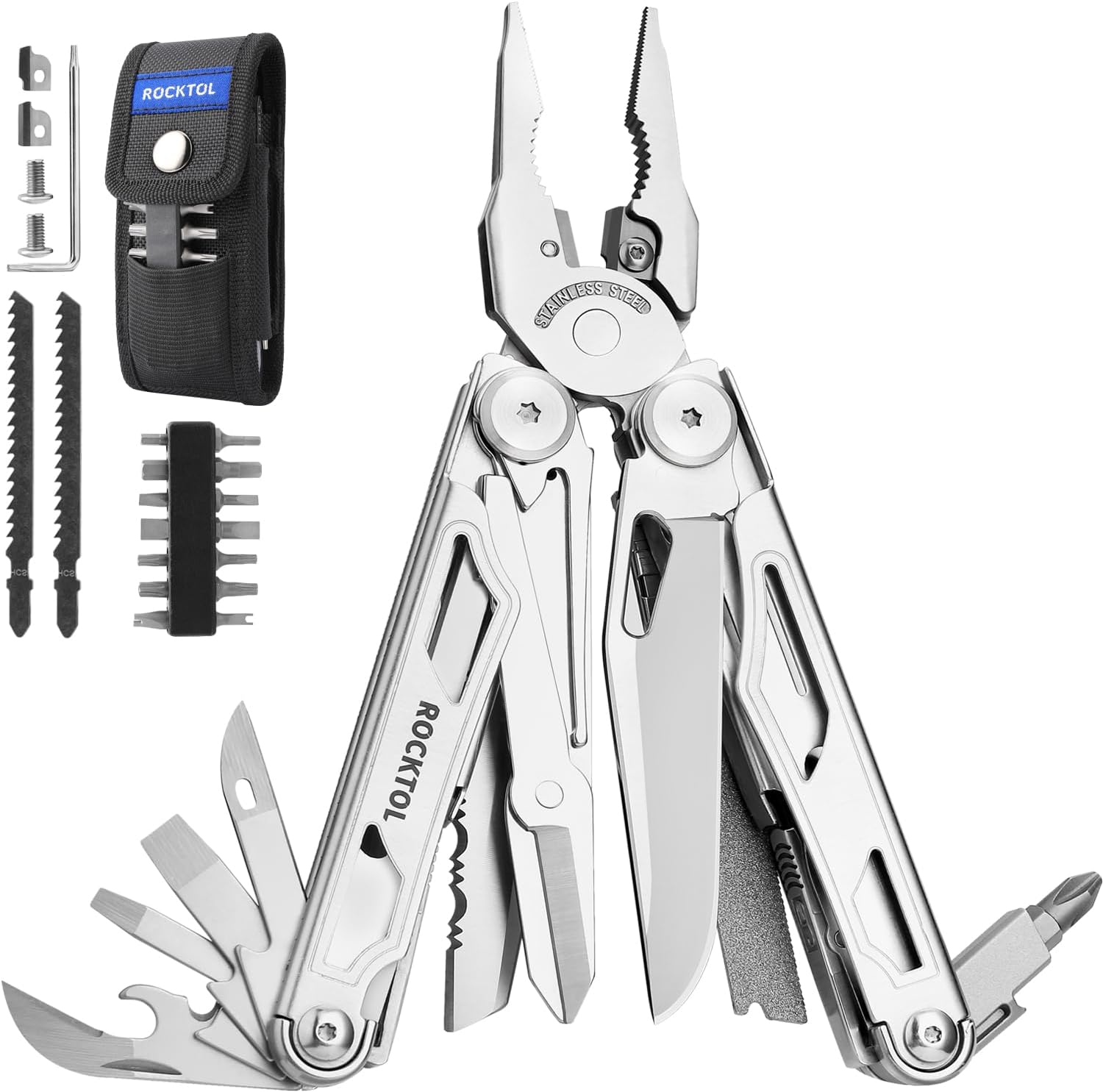 ROCKTOL Multitool, 29-in-1 Multitool Pliers with Replaceable Wire Cutters and Saw, Heavy-duty Stainless Steel Multitool Set and Nylon Sheath for Camping...