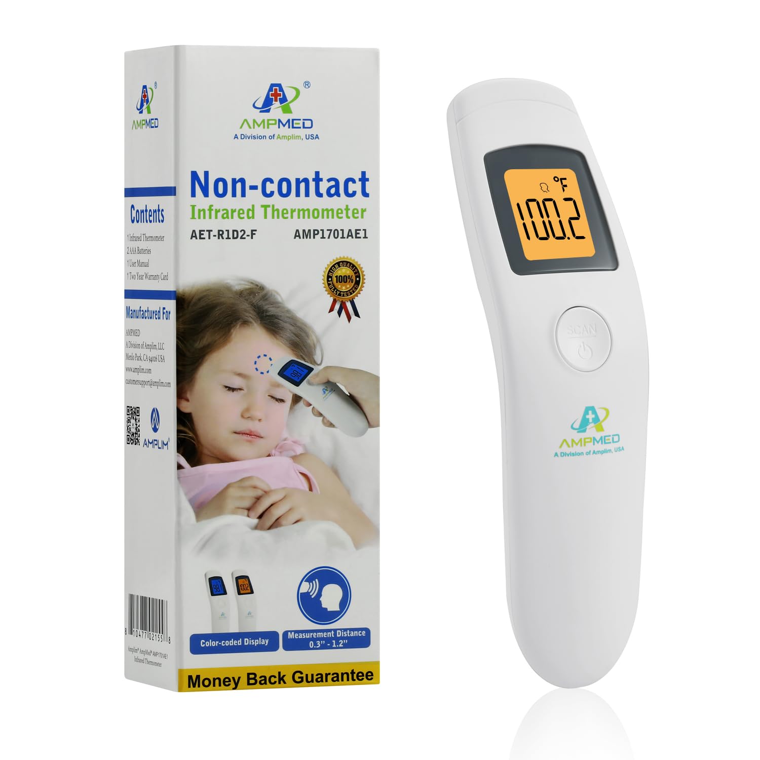 Amplim Non-Contact Forehead Thermometer for Kids and Adults - Touchless Digital Fever Thermometer with Temporal Head Function - No-Touch Baby Thermometer for Accurate Temperature Reading. FSA HSA