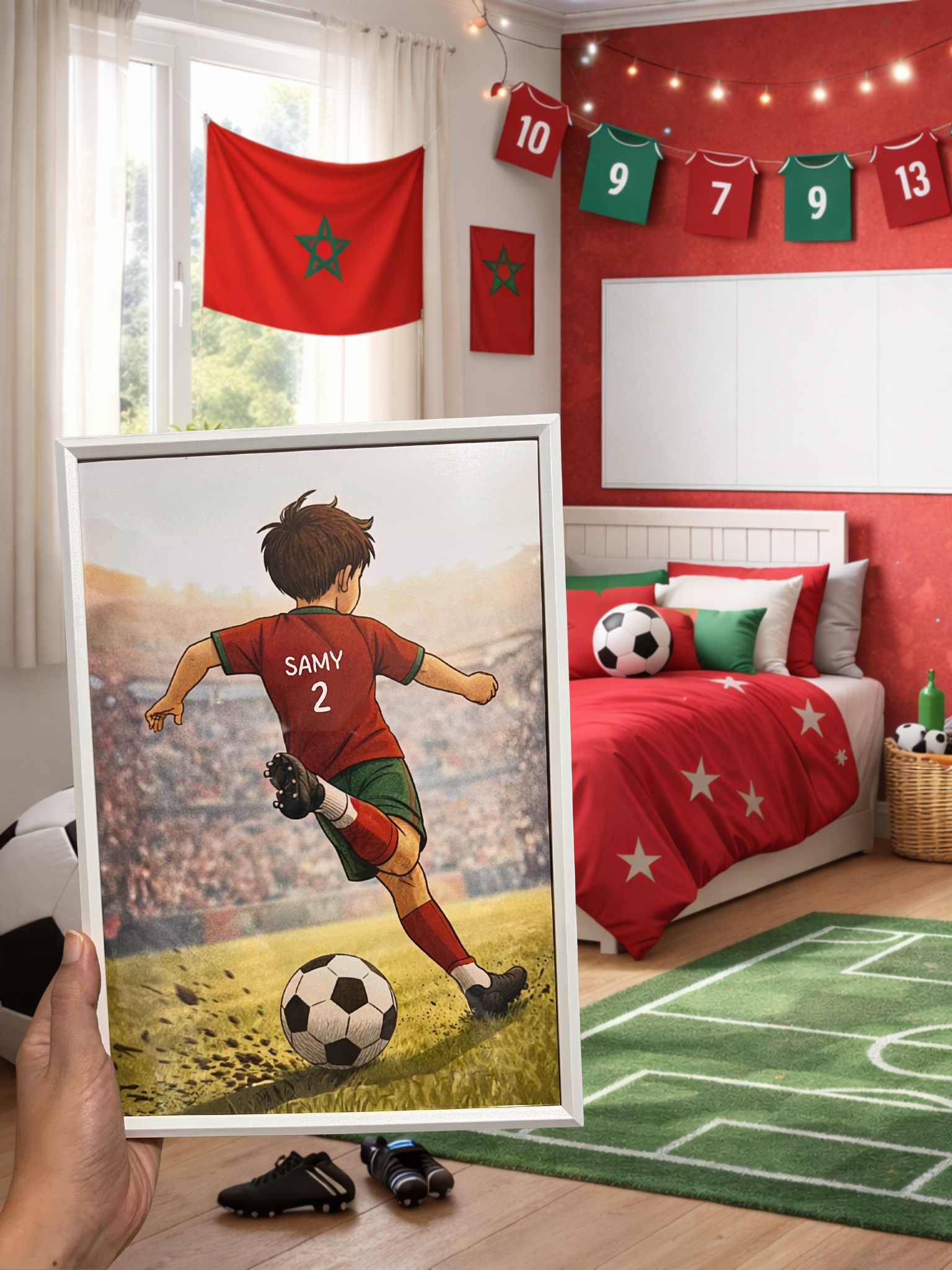 Poster enfant personnalisé – Butteur en maillot du Maroc