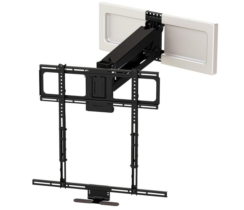 Above Fireplace Pull Down TV Mount for 40" to 80" Screen TVs to 90 lbs, with Patented auto-straightening, Adjustable Stops, Heat Sensor Handles & Paintable Covers