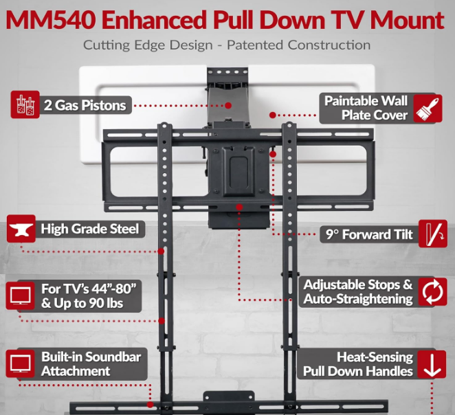 Above Fireplace Pull Down TV Mount for 40" to 80" Screen TVs to 90 lbs, with Patented auto-straightening, Adjustable Stops, Heat Sensor Handles & Paintable Covers