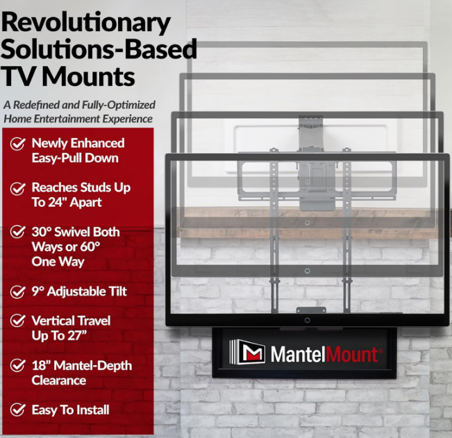 Above Fireplace Pull Down TV Mount for 40" to 80" Screen TVs to 90 lbs, with Patented auto-straightening, Adjustable Stops, Heat Sensor Handles & Paintable Covers