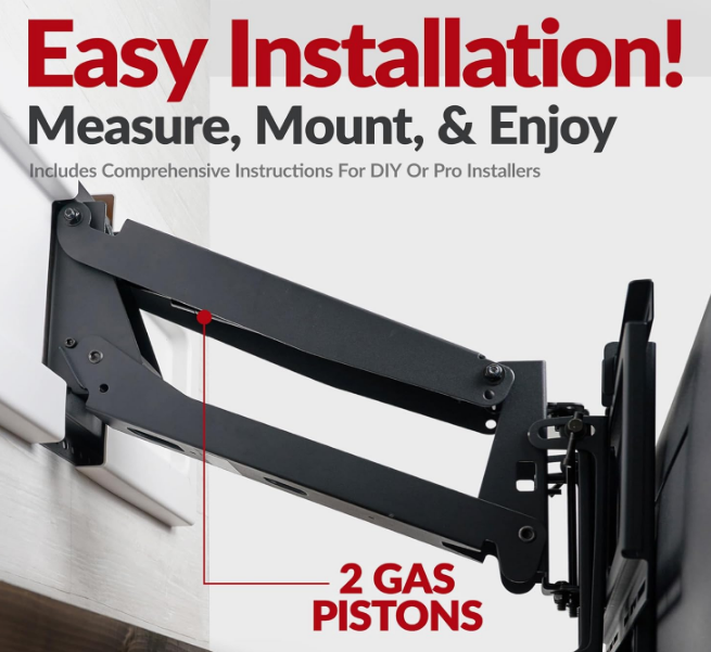 Above Fireplace Pull Down TV Mount for 40" to 80" Screen TVs to 90 lbs, with Patented auto-straightening, Adjustable Stops, Heat Sensor Handles & Paintable Covers