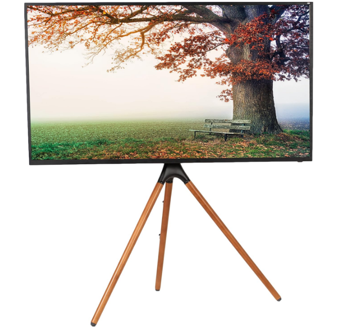 Artistic Easel 45 to 65 inch LED LCD Screen, Studio TV Display Stand, Adjustable TV Mount with Swivel and Tripod Base, Black Bracket, Dark Walnut Legs