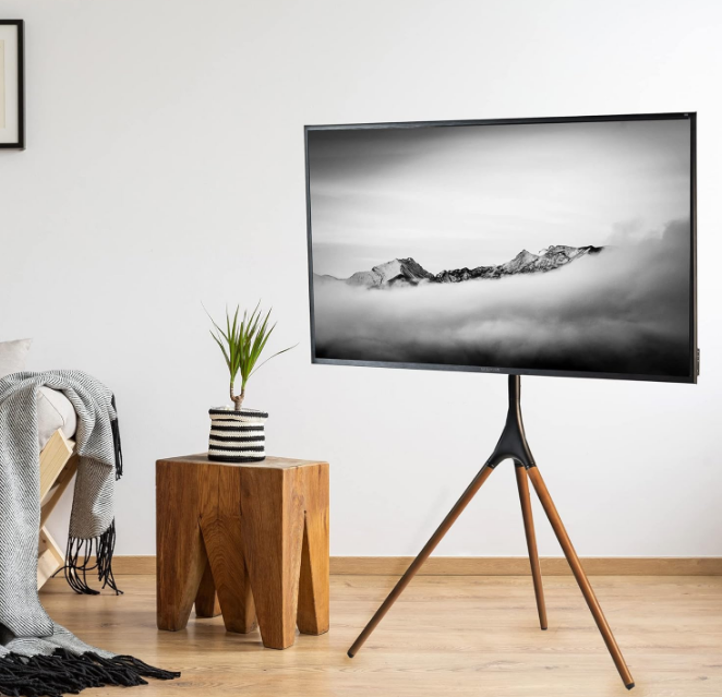 Artistic Easel 45 to 65 inch LED LCD Screen, Studio TV Display Stand, Adjustable TV Mount with Swivel and Tripod Base, Black Bracket, Dark Walnut Legs