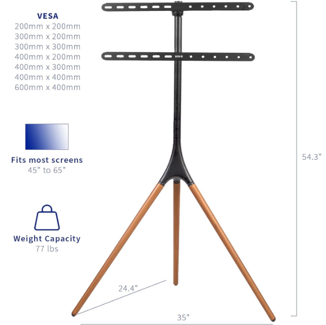 Artistic Easel 45 to 65 inch LED LCD Screen, Studio TV Display Stand, Adjustable TV Mount with Swivel and Tripod Base, Black Bracket, Dark Walnut Legs