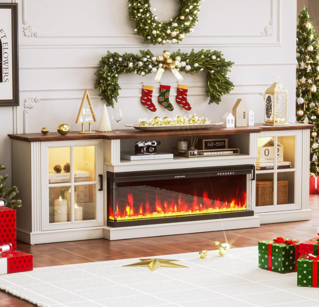 70" 3-Sided Fireplace TV Stand for TVs Up to 80", Entertainment Center with 34" Electric Fireplace，Led Light TV Consoles for Living Room，Farmhouse Highboy Media Console w/Glass Door Cabinet