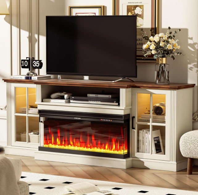 70" 3-Sided Fireplace TV Stand for TVs Up to 80", Entertainment Center with 34" Electric Fireplace，Led Light TV Consoles for Living Room，Farmhouse Highboy Media Console w/Glass Door Cabinet