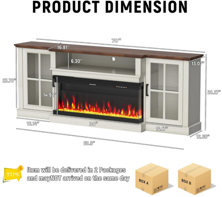 70" 3-Sided Fireplace TV Stand for TVs Up to 80", Entertainment Center with 34" Electric Fireplace，Led Light TV Consoles for Living Room，Farmhouse Highboy Media Console w/Glass Door Cabinet