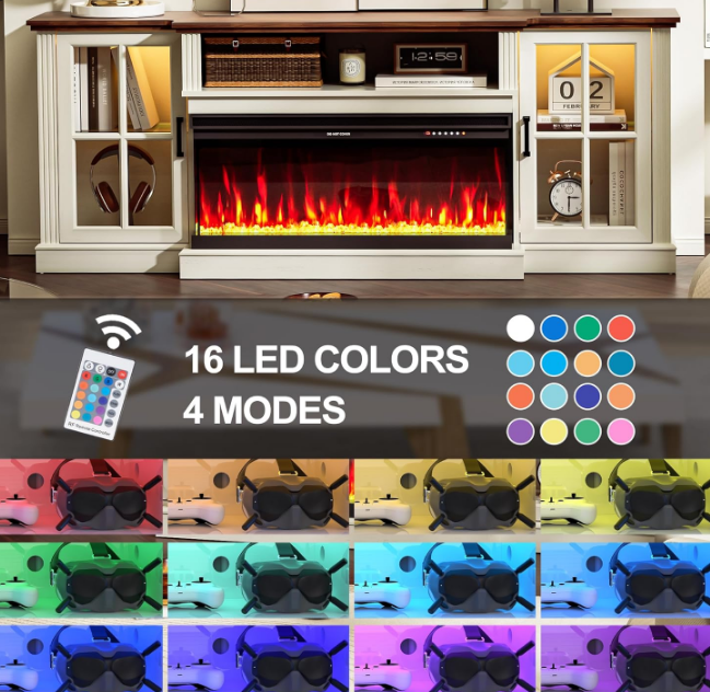 70" 3-Sided Fireplace TV Stand for TVs Up to 80", Entertainment Center with 34" Electric Fireplace，Led Light TV Consoles for Living Room，Farmhouse Highboy Media Console w/Glass Door Cabinet