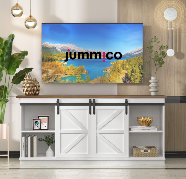 TV Stand for 65 Inch TV, Entertainment Center with Storage Cabinets and Sliding Barn Doors, Mid Century Modern Media TV Console Table for Living Room Bedroom (Bright White)