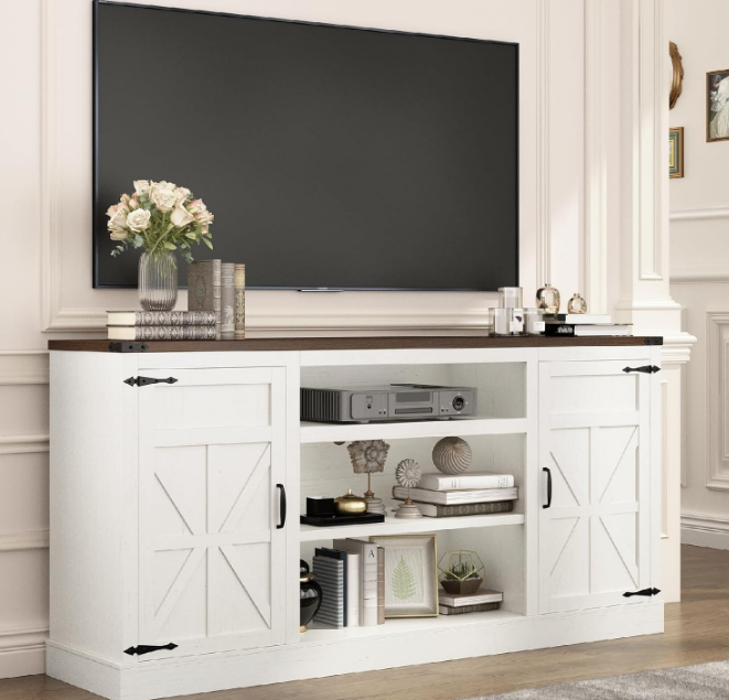 66" Farmhouse TV Stand with Power Outlets for 75 65 Inch TVs, 33" Tall Entertainment Center with Storage Cabinets w/Adjustable Shelves, Rustic Large TV Media Console for Living Room, White