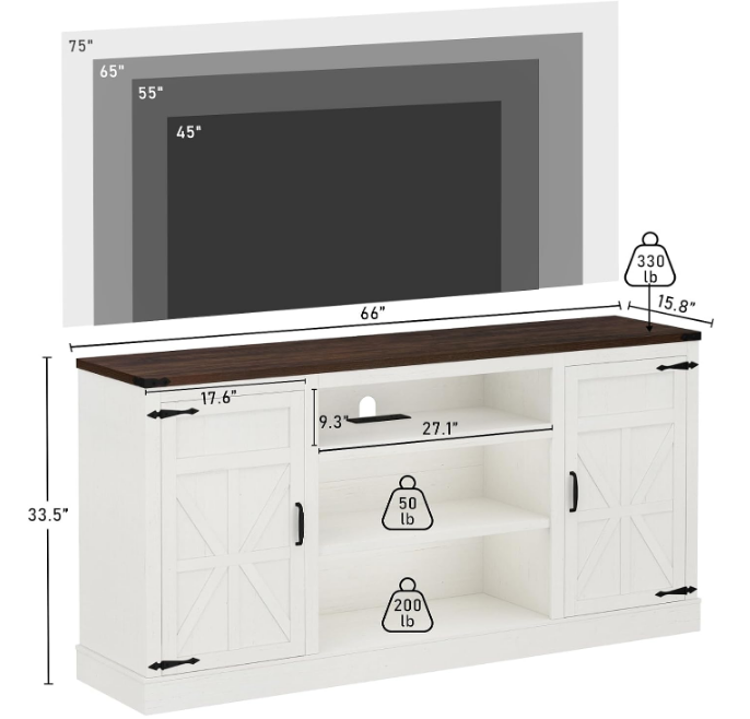 66" Farmhouse TV Stand with Power Outlets for 75 65 Inch TVs, 33" Tall Entertainment Center with Storage Cabinets w/Adjustable Shelves, Rustic Large TV Media Console for Living Room, White