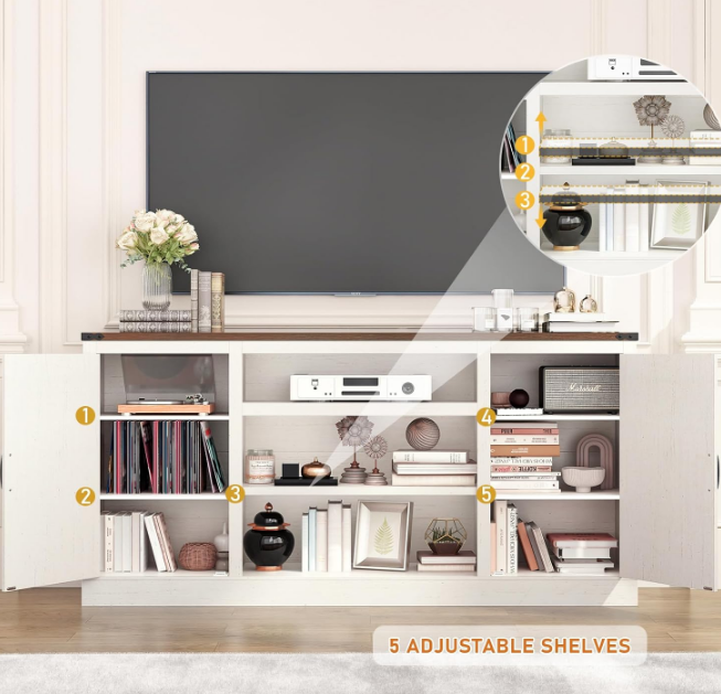 66" Farmhouse TV Stand with Power Outlets for 75 65 Inch TVs, 33" Tall Entertainment Center with Storage Cabinets w/Adjustable Shelves, Rustic Large TV Media Console for Living Room, White