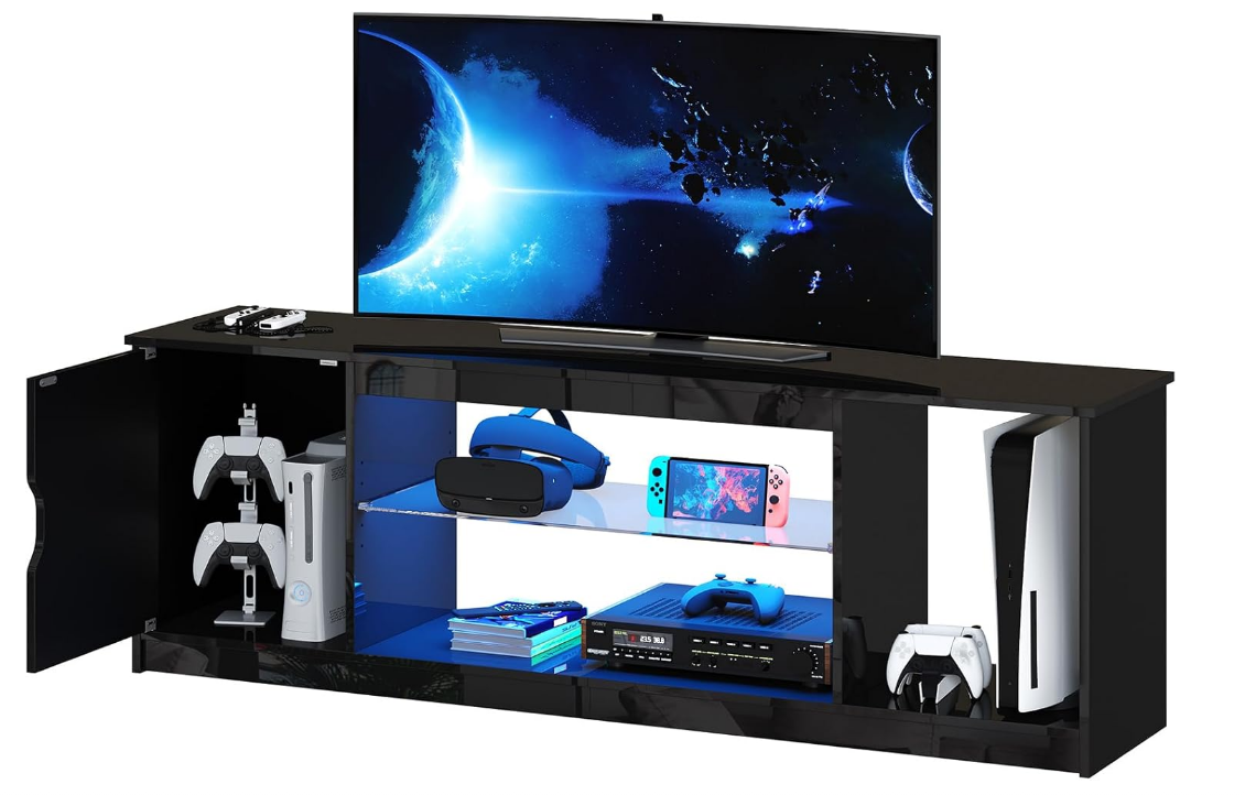 Led Entertainment Center for PS5, Gaming TV Stand with Cabinet for 60/65 Inch TV, Modern TV Console with Adjustable Glass Shelf for Living Room Easy Assembly Bright Black