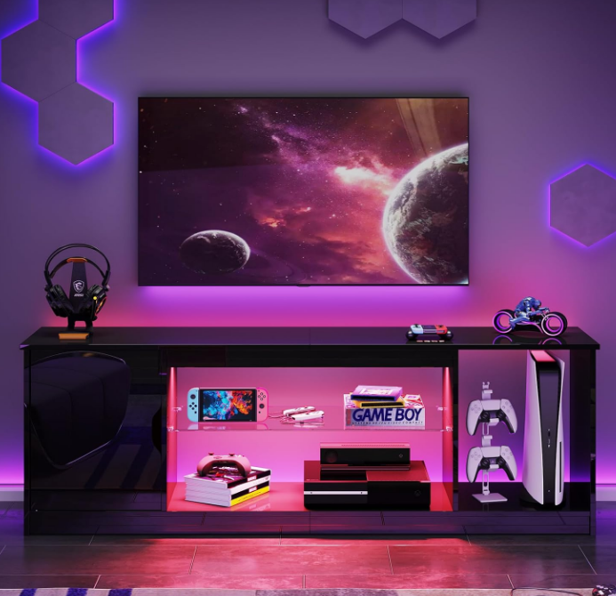 Led Entertainment Center for PS5, Gaming TV Stand with Cabinet for 60/65 Inch TV, Modern TV Console with Adjustable Glass Shelf for Living Room Easy Assembly Bright Black